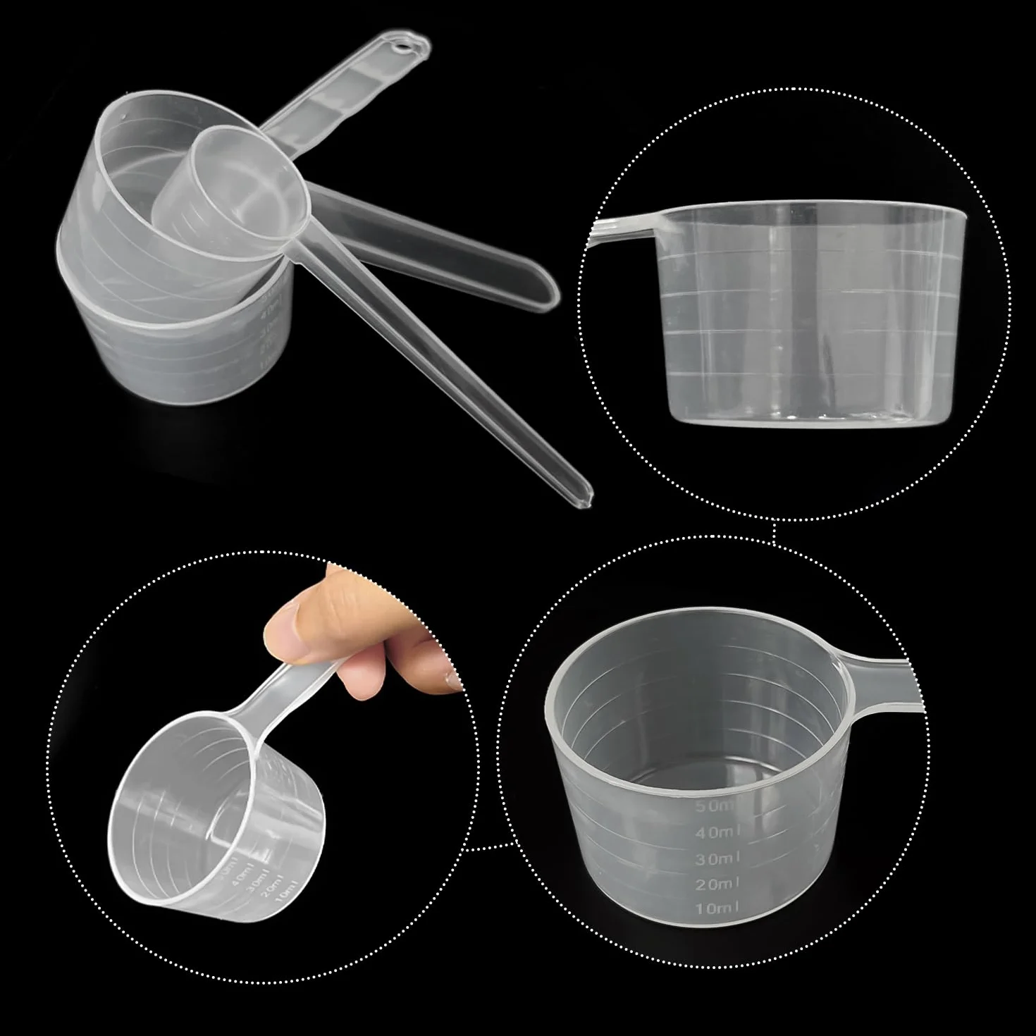 3 cucchiai dosatori, misurino da 50 ml, 40 ml, misurino da 5 g, misurino in plastica, misurino piccolo, cucchiaio da scala trasparente, strumento quantitativo per la cucina