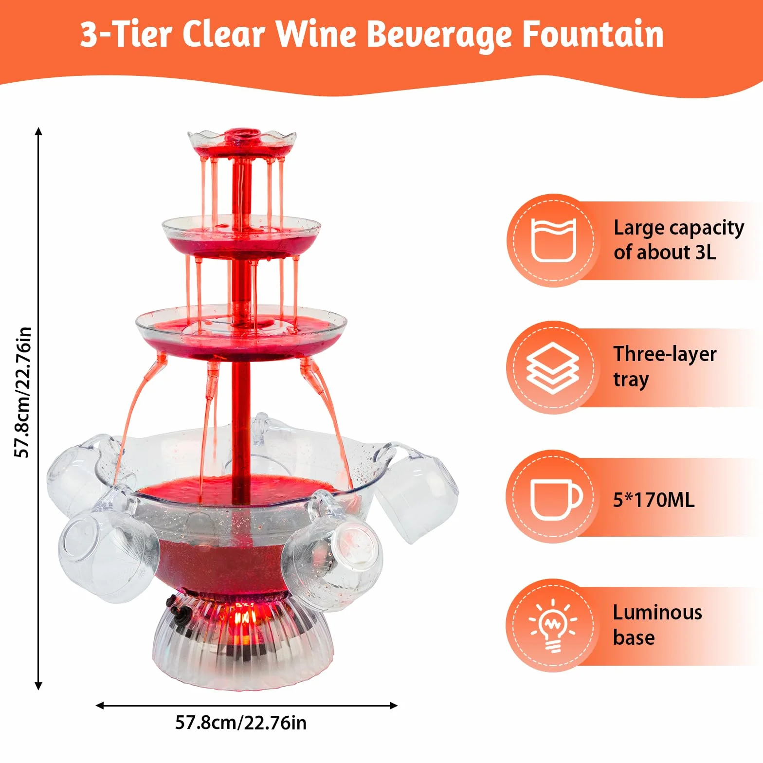 Fontana trasparente a 3 livelli, fontana per feste di vino rosso, con 5 tazze, per vino liquido, base illuminata a LED, posizionamento stabile, per giochi da bere, bar, feste di compleanno