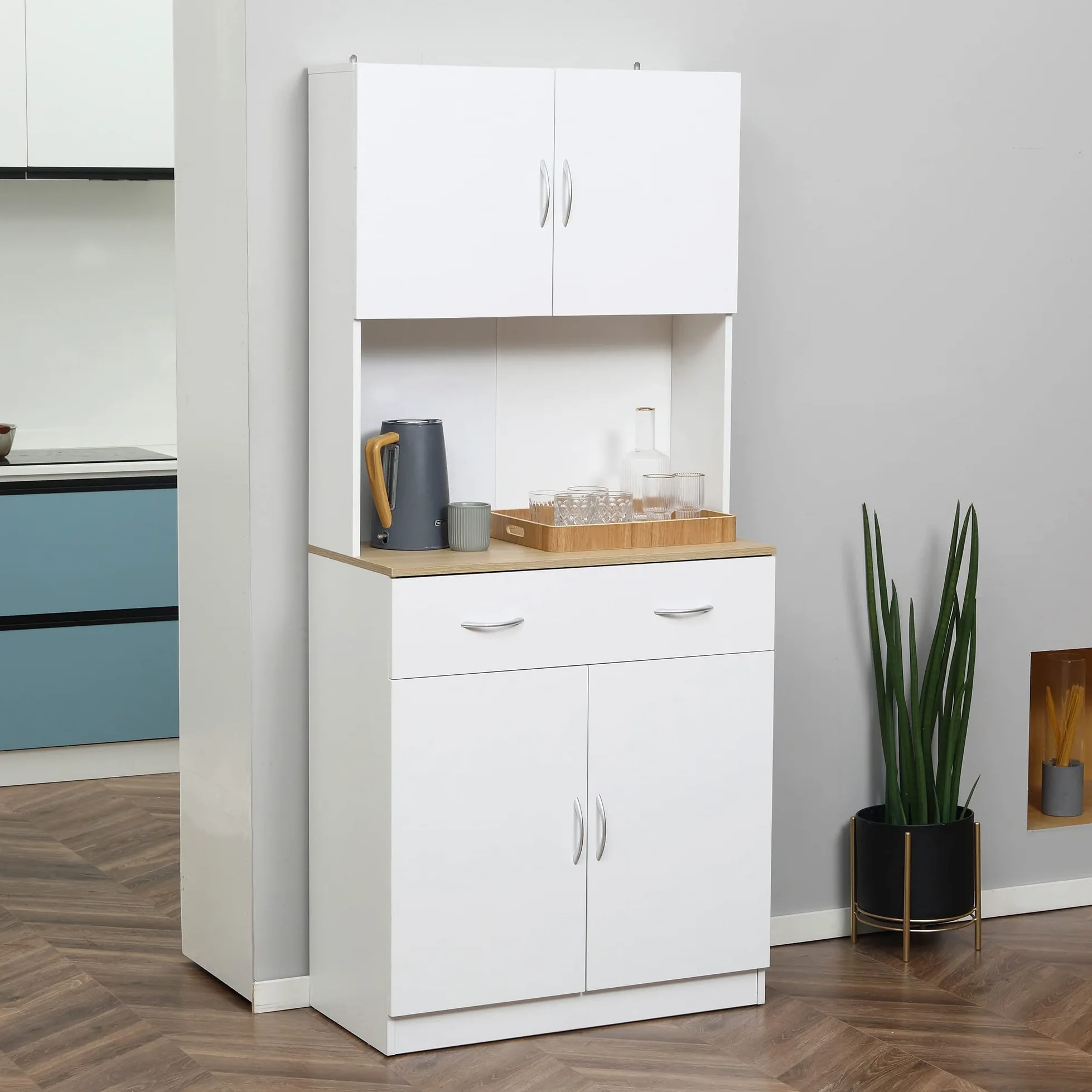 HOMCOM Mobile Cucina Alto 180cm con Armadietti a 2 Ante e Cassetto, Credenza Alta da Cucina in Legno con Ripiani Regolabili, per Cucina, Sala da Pranzo e Soggiorno, 80x40x180 cm, Bianco