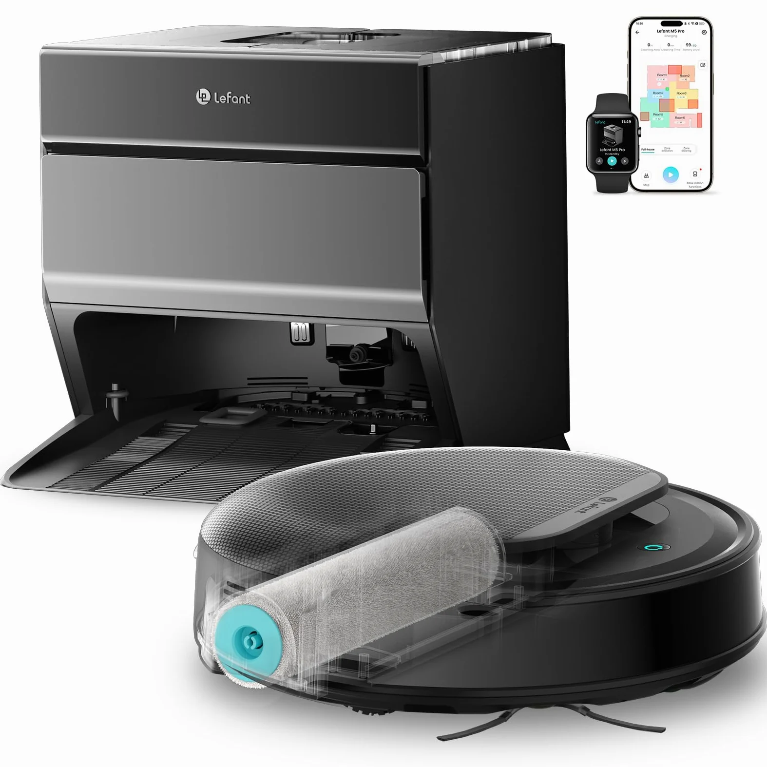 Lefant M5 Pro Robot Aspirapolvere Lavapavimenti con Rullo, Aspirazione 18.000 Pa, Lavaggio Acqua Pulita, Autopulizia 75 ℃, Navigazione Laser dToF, Auto Svuotamento 120 Giorni, Tappeti, App Alexa