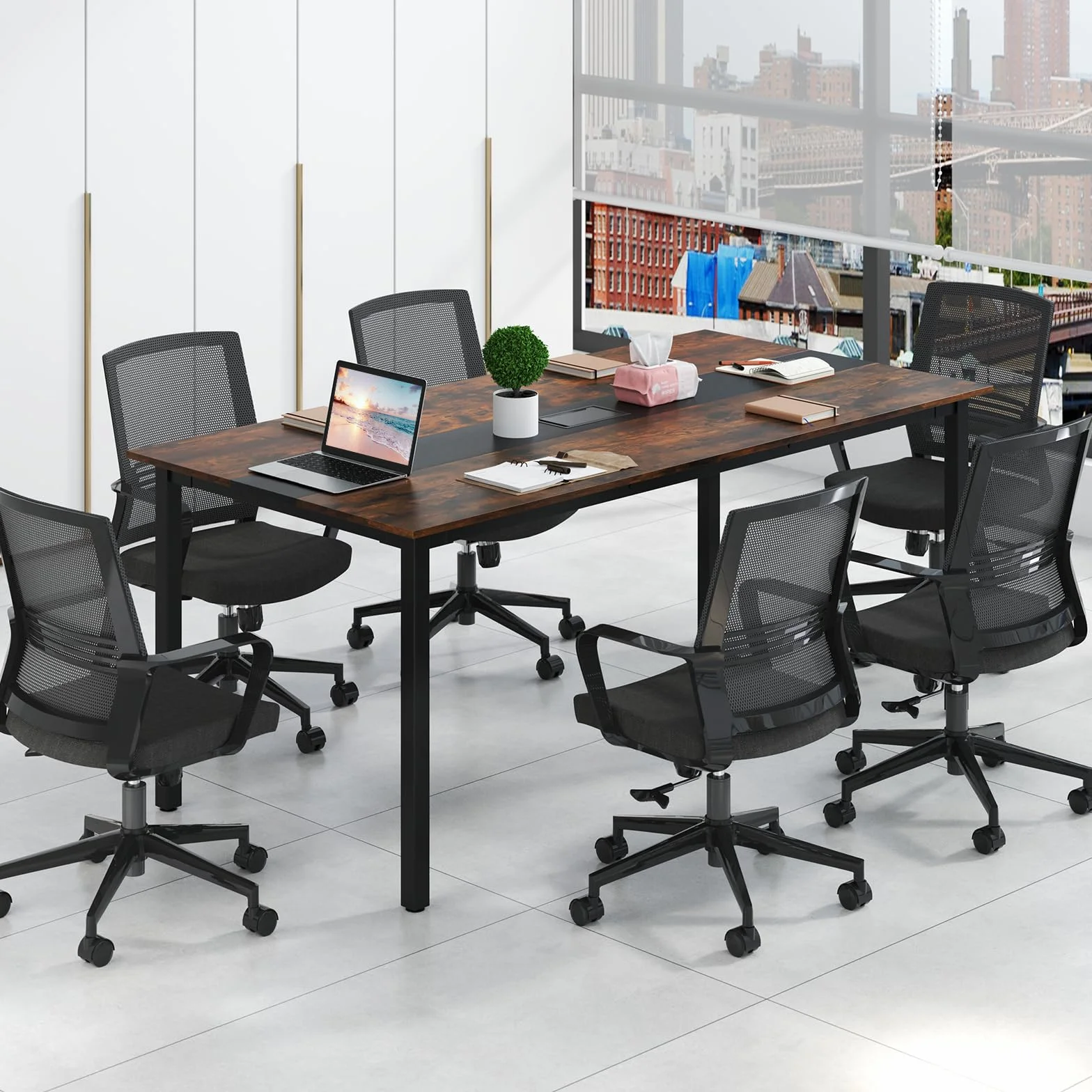 GYMAX Tavolo Discussioni di Gruppo per 8-10 Persone, Sistema di Gestione dei Cavi, Grande Scrivania Rettangolare per Riunioni in Ufficio, Sala Conferenze, 180 x 90 x 75,5 cm, Stile Industriale