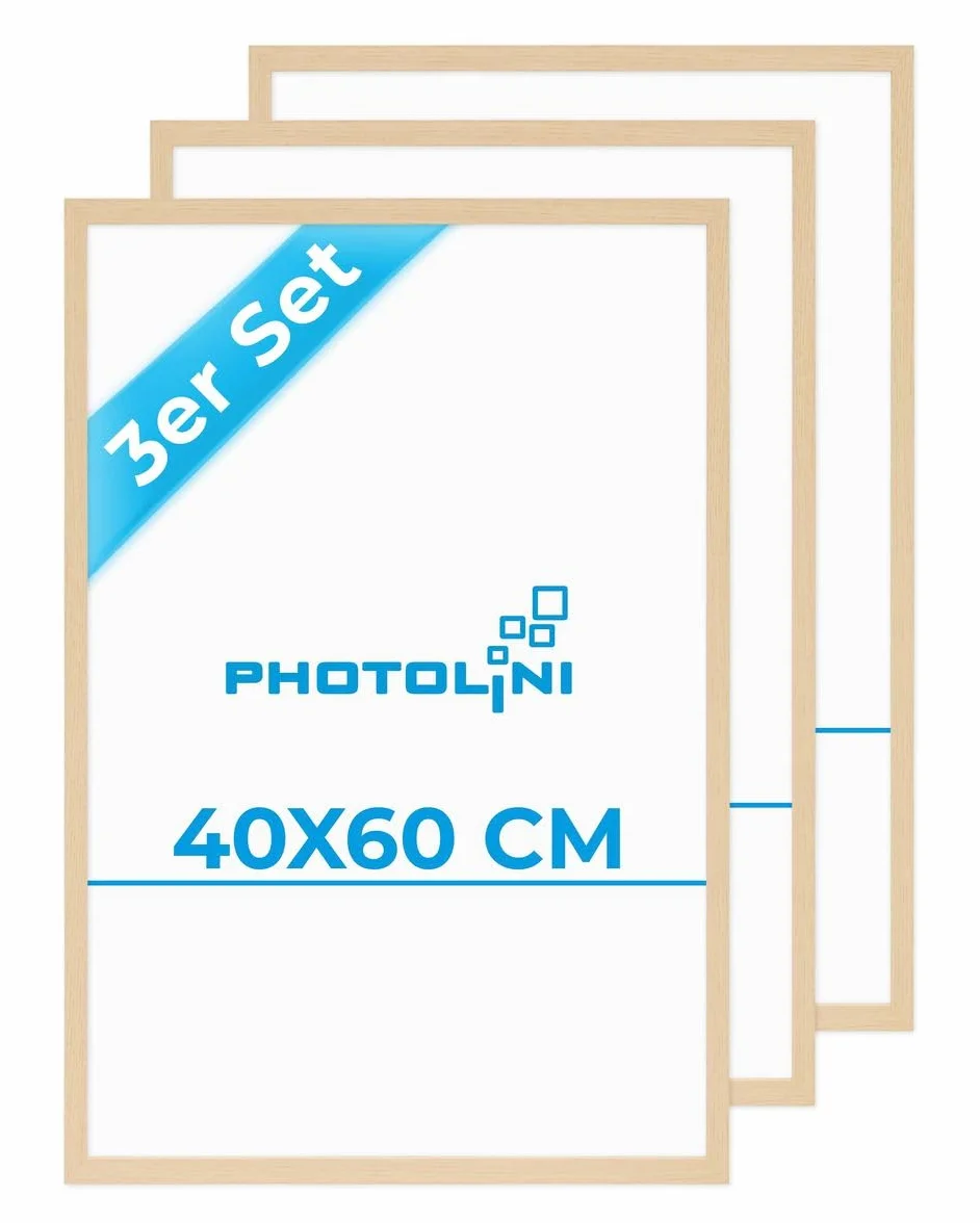PHOTOLINI Cornici 40x60 cm MDF naturale, set 3 plexiglass infrangibile da parete