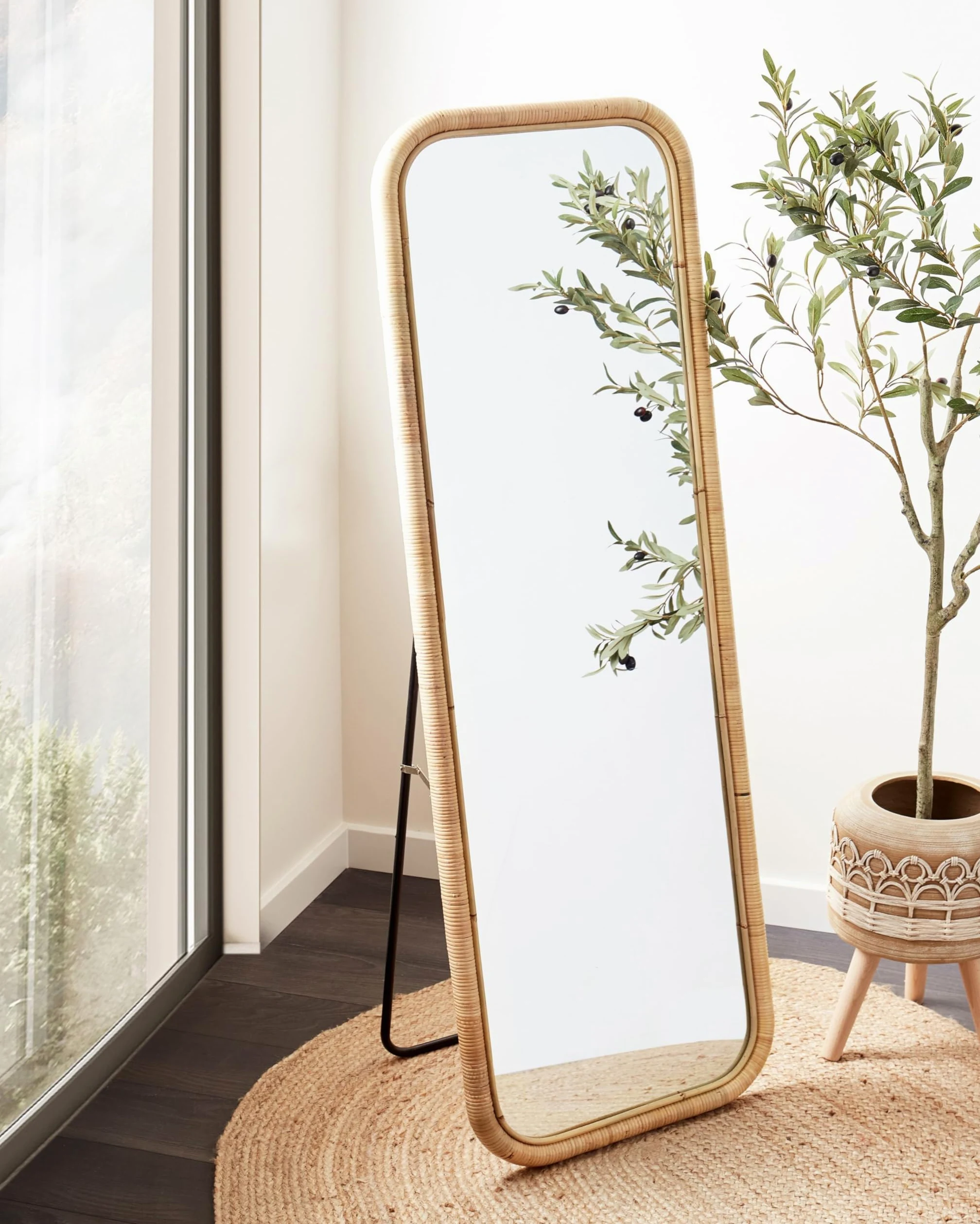 Elegante specchio da terra in rattan naturale 150x50 cm stile boho