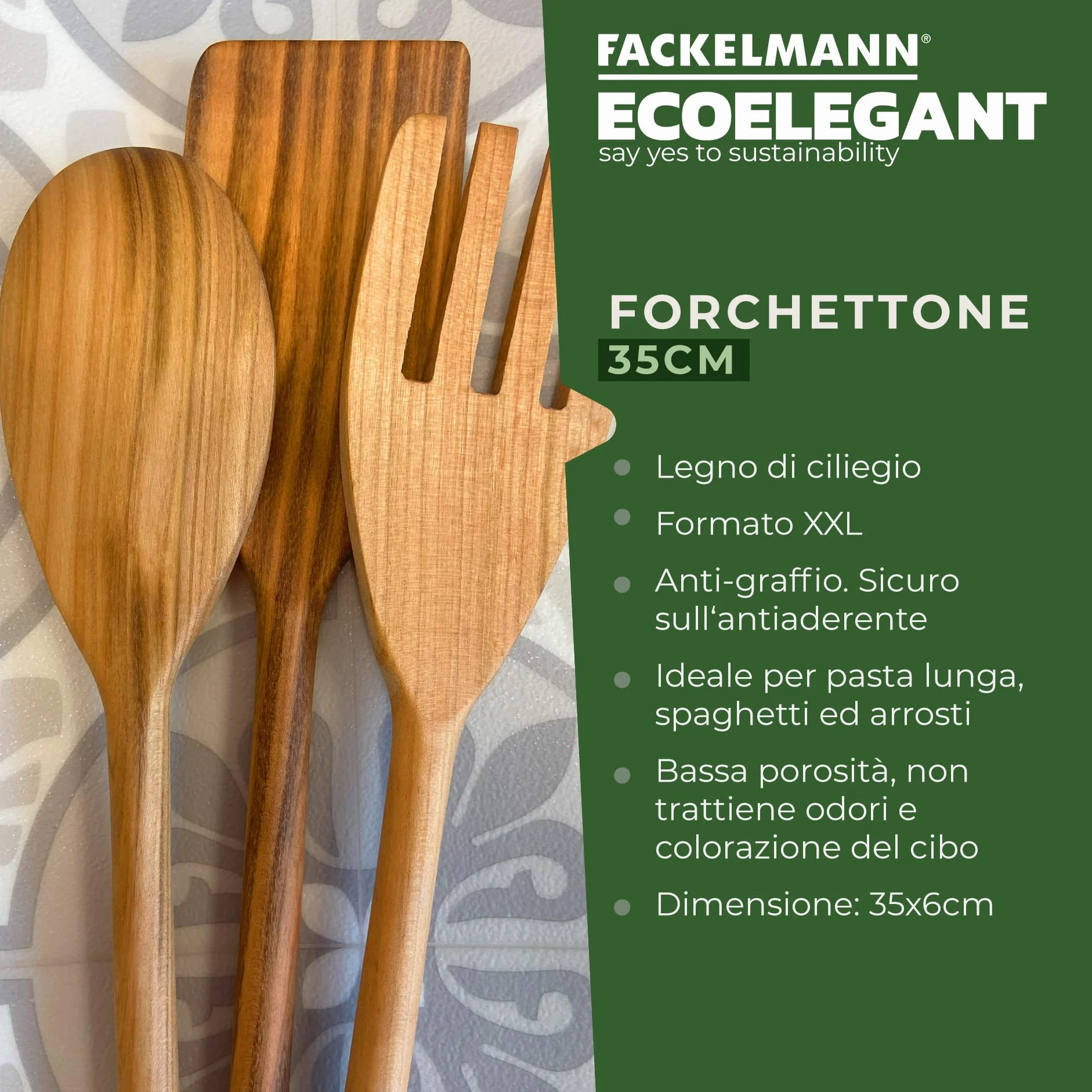 Fackelmann Forchettone multiuso da cucina in legno di ciliegio 35 x 6 x 1,3cm Linea Ecoelegant