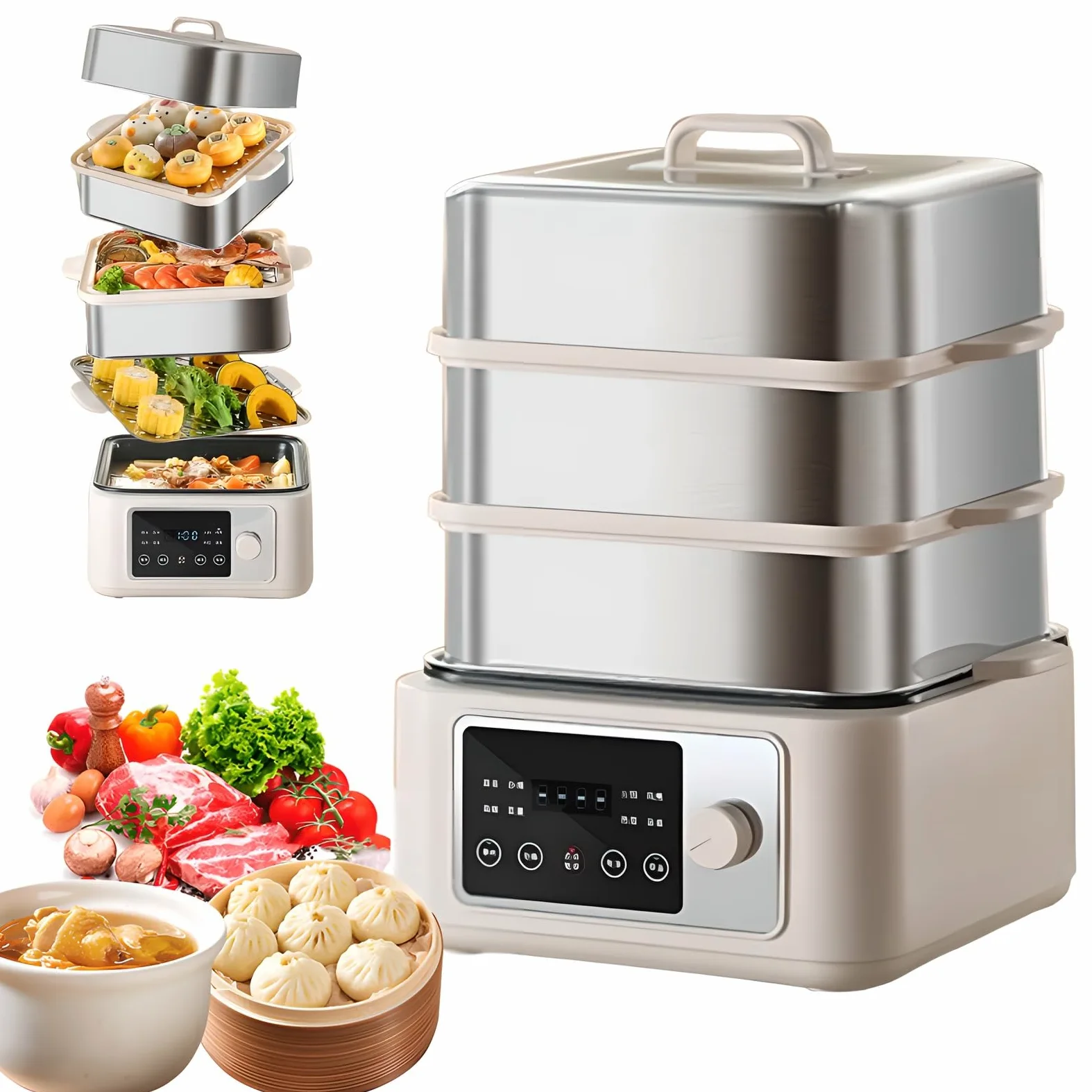 Vaporiera elettrica, 8/12/16 l, 1350 W, vaporiera per Verdure con Touch Screen, Timer 24 Ore, 8 funzioni Menu, Isolamento a Doppia modalità, vaporiera Multifunzione Intelligente in Acciaio Inox 16L