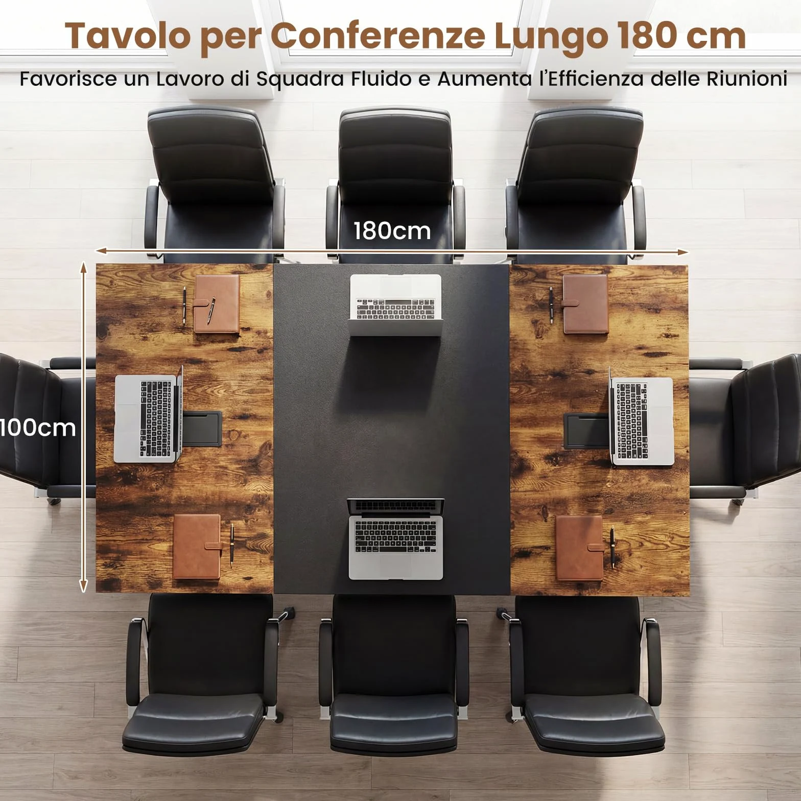 COSTWAY Tavolo da Conferenza 180 x 100 cm, Tavolo Riunioni Grande per 6-8 Persone, Postazione da Lavoro Stile Industriale con 2 Passacavi per Ufficio e Sala Riunioni