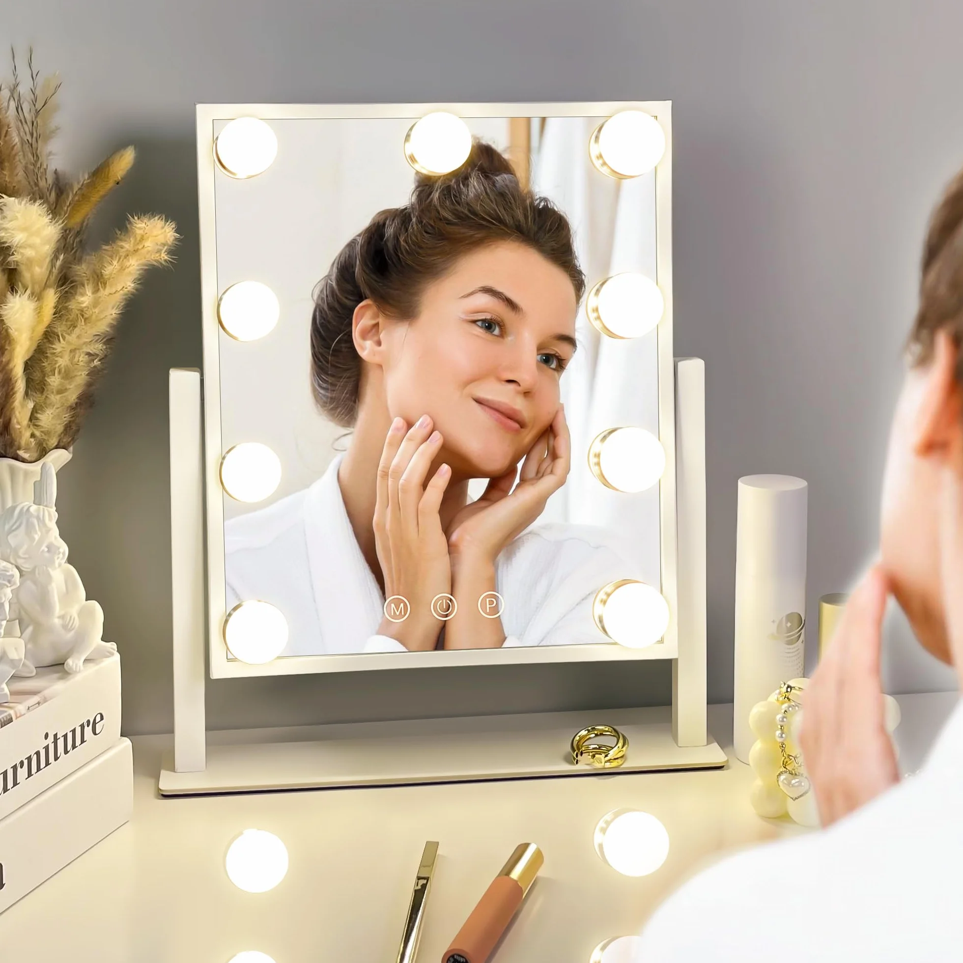 LuxeVue Hollywood Specchio da trucco con luci, specchio illuminato con luce a 3 colori e 9 lampadine a LED dimmerabili, schermo touch intelligente e rotazione di 360 gradi