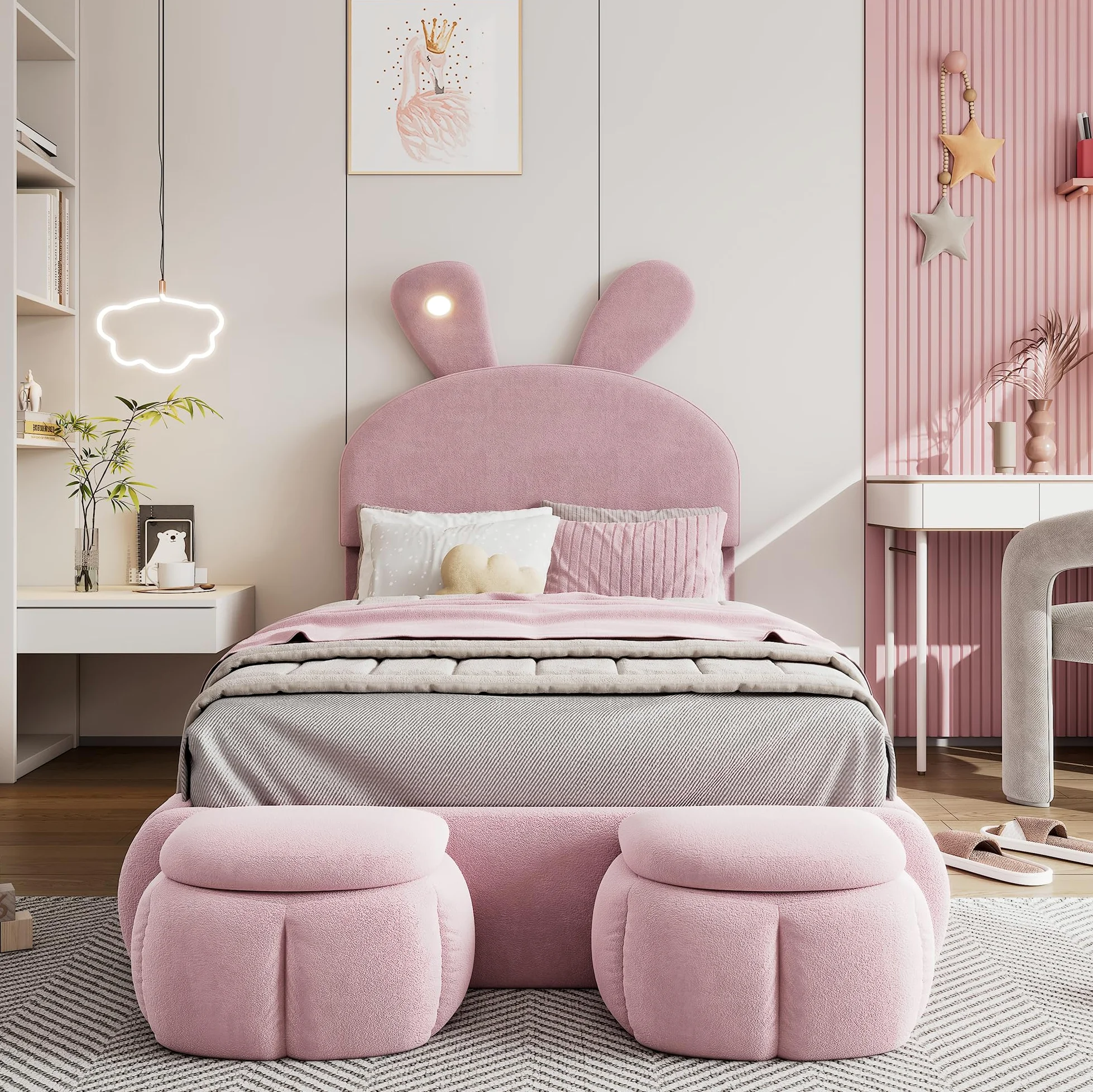 Letto Imbottito per Bambini 90 * 200cm con Due Sgabelli Contenitore, Orecchie di Coniglio con Luce LED, Lettos Singolo con Doghe in Legno, Velluto, Rosa