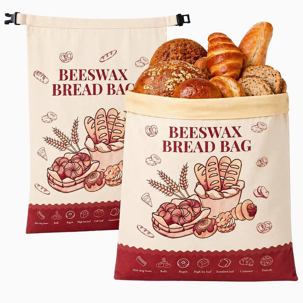 Sacchetti per pane fatto in casa, confezione da 2 sacchetti XL riutilizzabili in cera d'api biologica in lino e cotone, sacchetti ecologici per il pane con chiusura lampo per mantenere fresco
