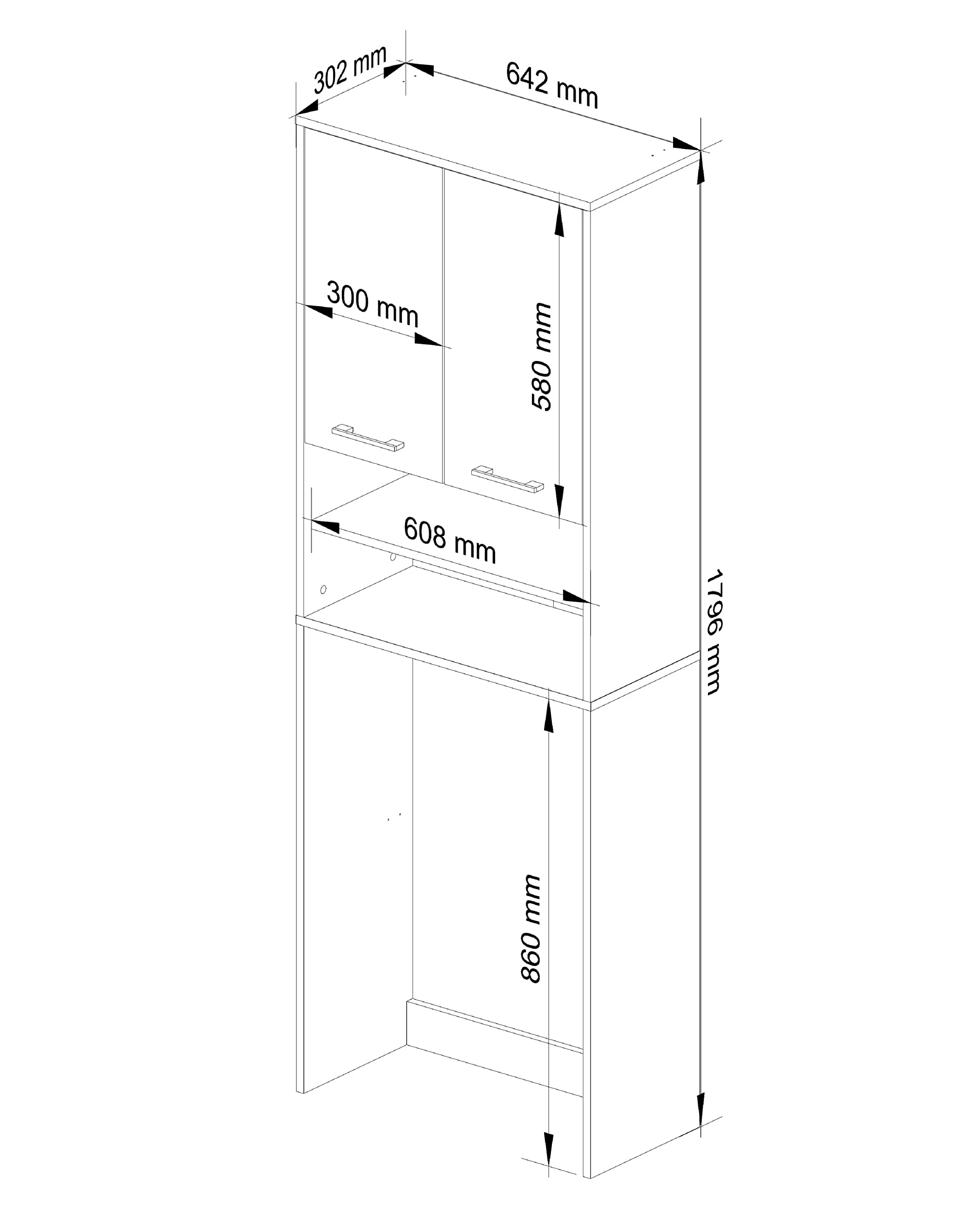 AKORD | Armadio Pensile per Lavatrice | Armadio di trasformazione con 2 ante, 2 Ripiani Aperti | Archivio per bagno | Cassettiera per lavatrice | 64x180x30 cm | Peso 30 kg | Bianco/Rovere Sonoma