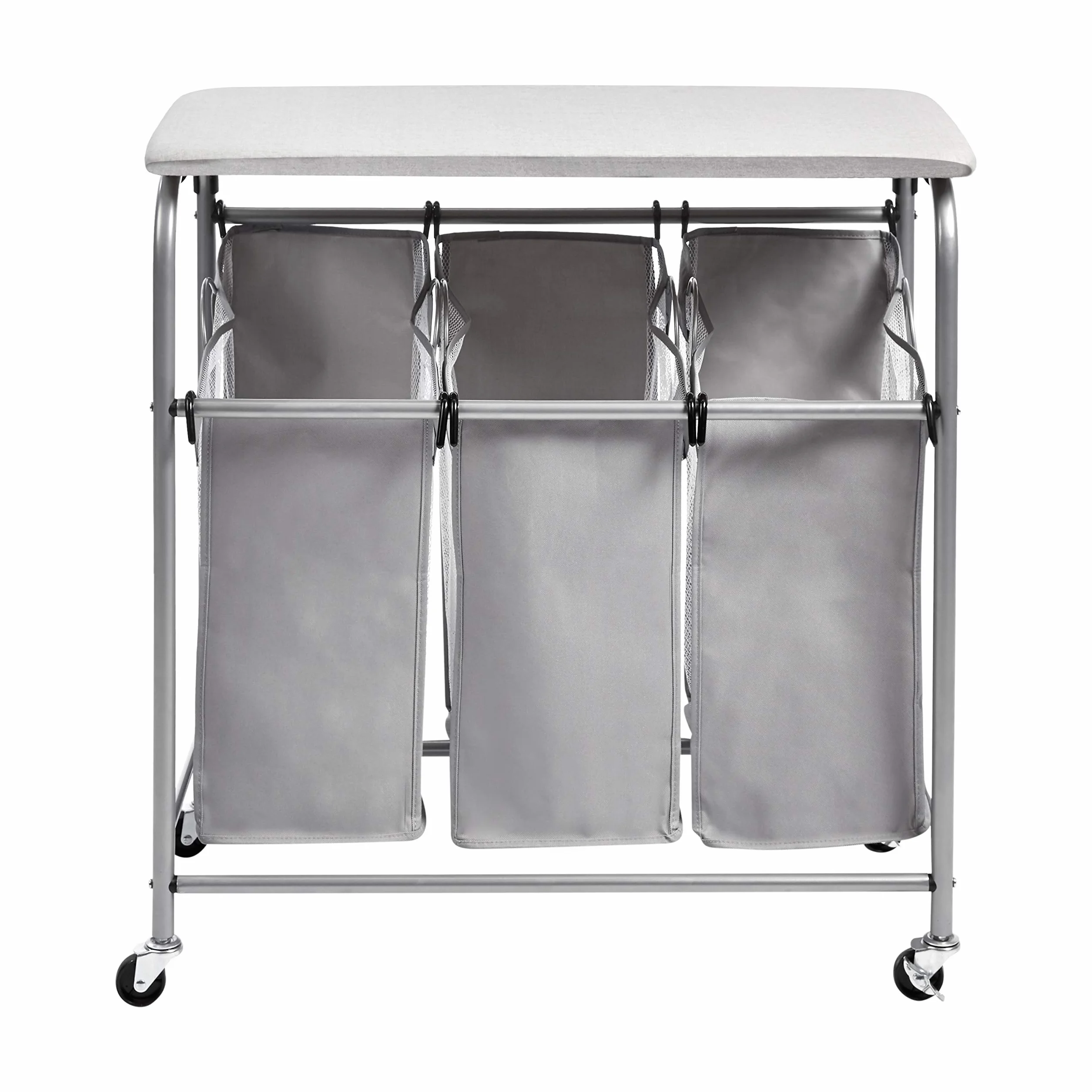 Amazon Basics Rettangolare Carrello raccogli biancheria con 3 sacchi e asse da stiro da tavolo (colore grigio), 80 cm x 41 cm x 84cm