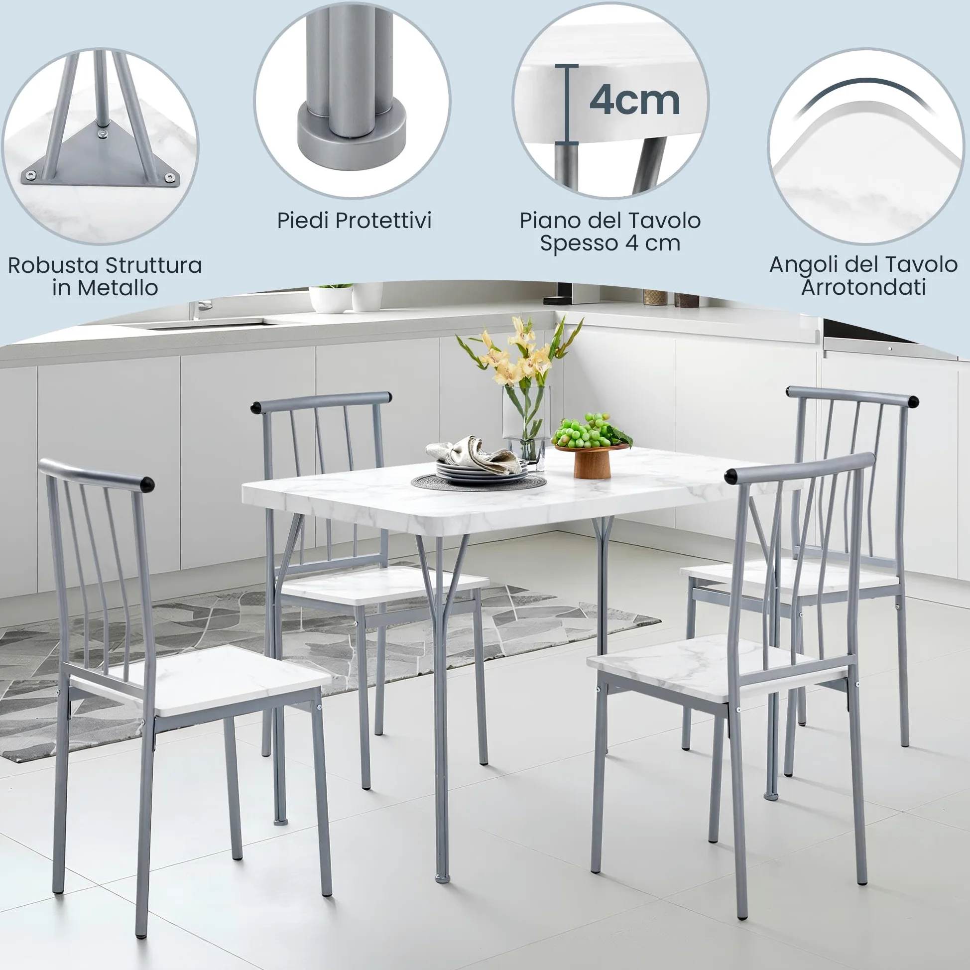 Tavolo da Pranzo con 4 Sedie, Set 5 Pezzi in MDF e Metallo per Sala da Pranzo, Cucina, Bar e Soggiorno per 4 Persone Bianco