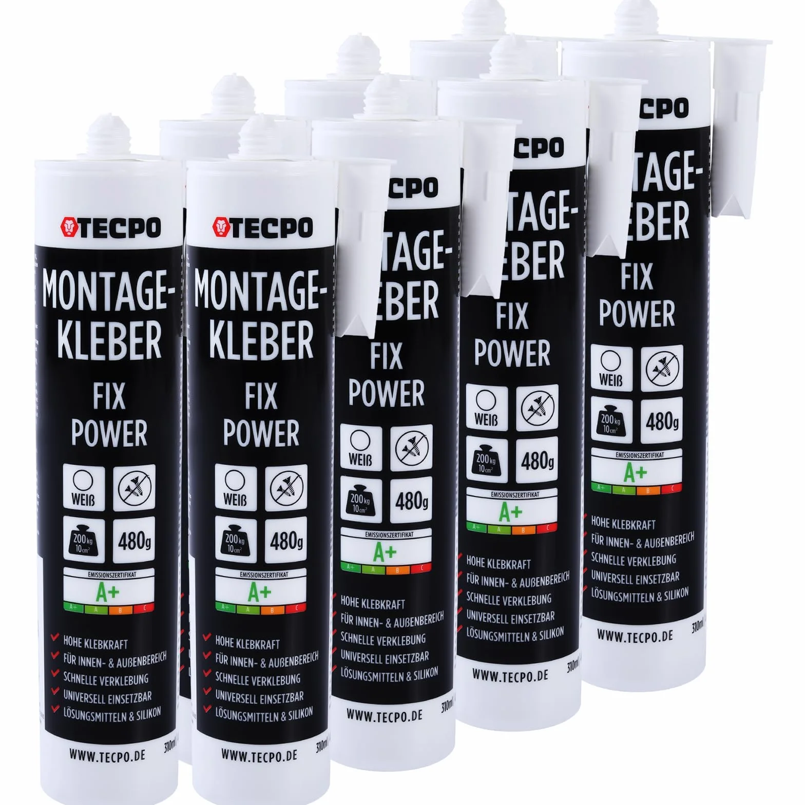 TECPO Colla di montaggio Fix Power 480 g 8 pezzi universale 200 kg 10 cm² per pannelli acustici polistirolo