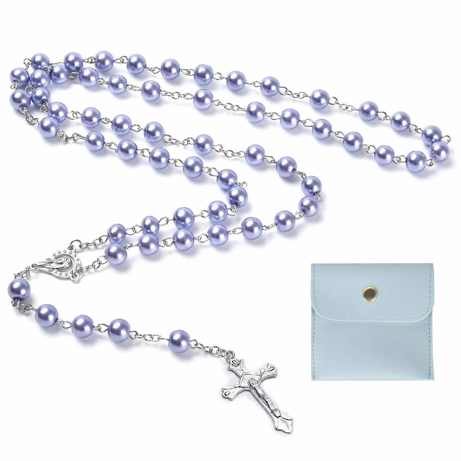 Rosario cattolico, rosario per comunione con croce retrò, sacchetto regalo in velluto, elegante croce. battesimo, comunione, matrimonio, comunione, festa (lilla)