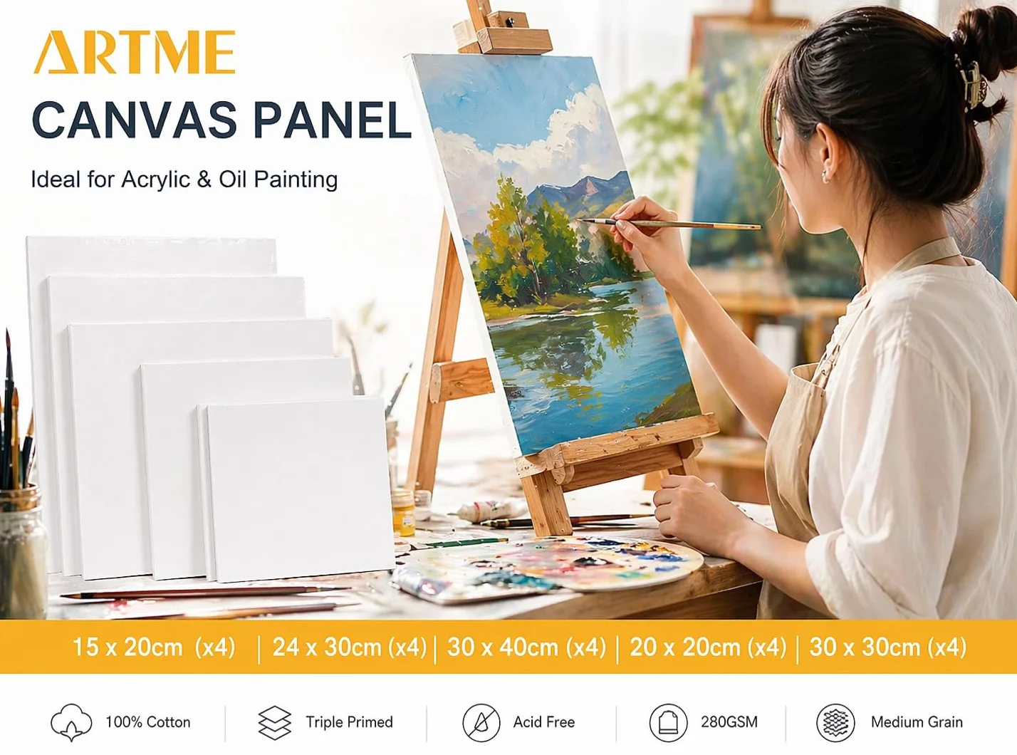 Artme Pannelli in Tela 20pz - 15x20,20x20,30x30,24x30,30x40cm Formati Assortiti Bianca per Pittura - 3mm 280GSM/ 100% cotone/Triplo con innesto/Senza acidi/Grana media /- Acrilico/Olio