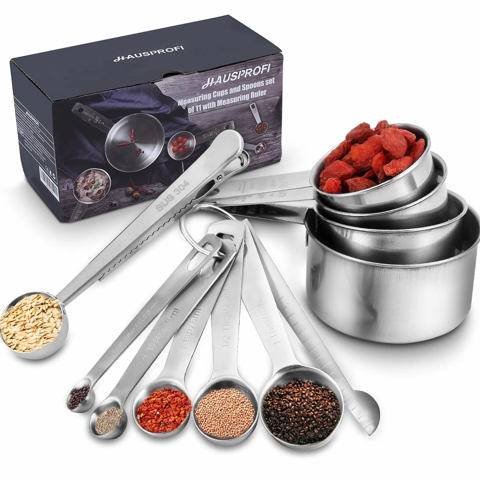 11pz Cucchiai Dosatori Misurini Cucina in Acciaio Inox 304 HAUSPROFI - Cucchiai Graduati Measuring Spoons Cucchiaio Dosatore per Dolci Ingredienti Cottura