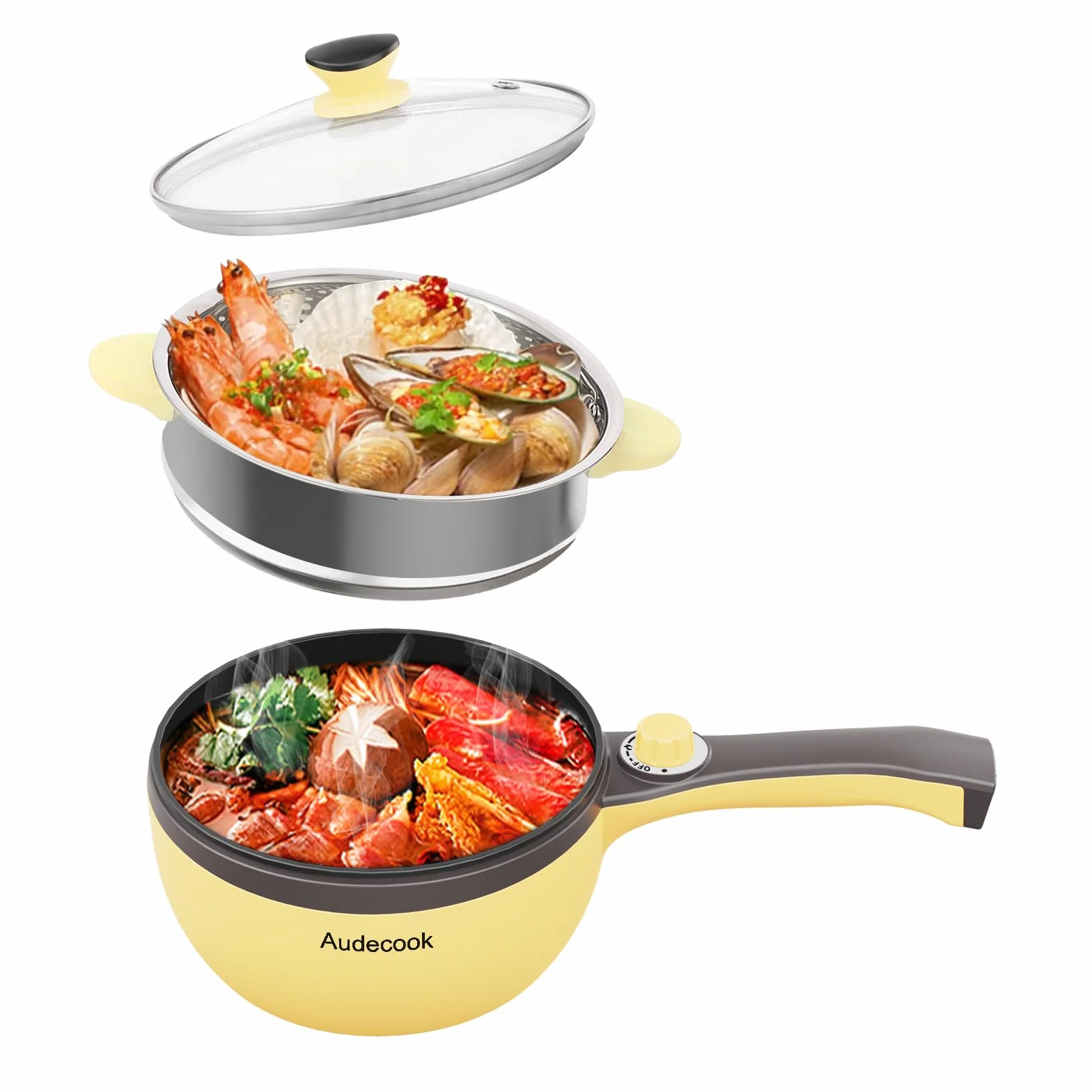 Audecook Padella Elettrica 20 cm Antiaderente Multifunzione Portatile con Vaporiera - Giallo
