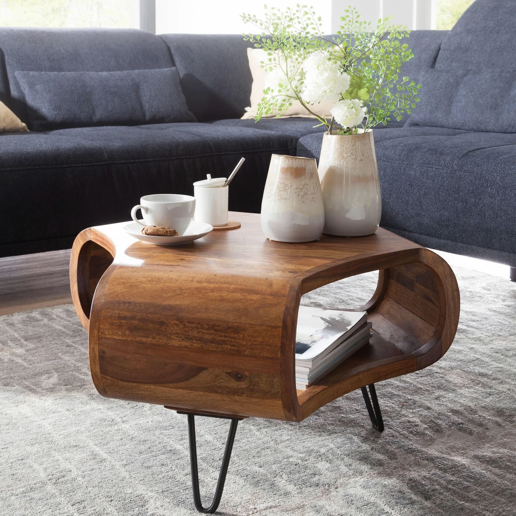 FineBuy Tavolino 55x55x38 cm Sheesham Massello con Vano Portaoggetti | tavolino da soggiorno con gambe in metallo in stile country, tavolino piccolo da divano in legno, pezzo unico fatto a mano