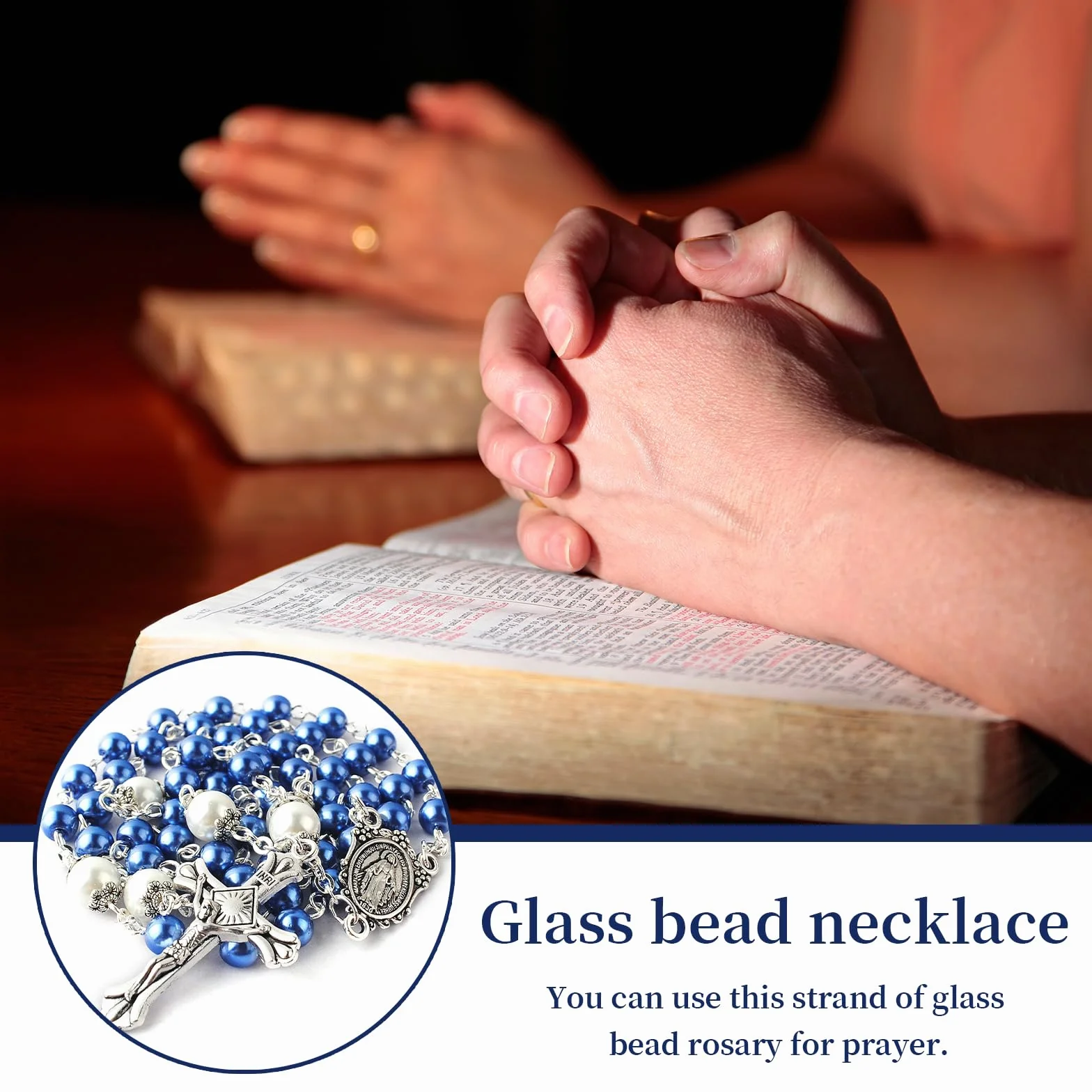 Rosario cattolico con grani di Vetro da 6 mm e grani del Padre Nostro da 8 mm, Collana con Scatola Regalo in Metallo, Rosario Blu per Prima Comunione e Personalizzato