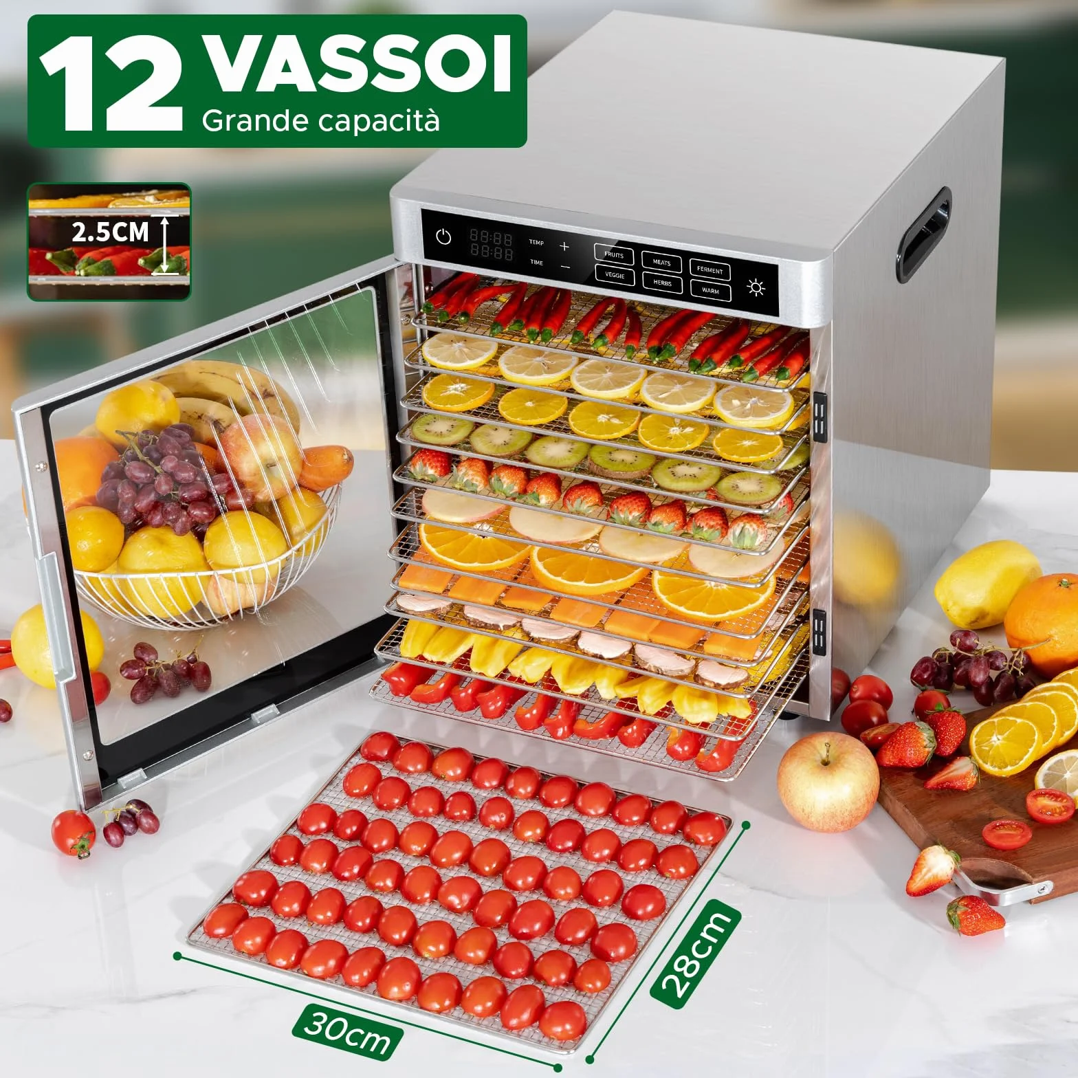 Kwasyo Essiccatore Alimentare professionale in Acciaio Inossidabile 12 Vassoi, 6 Funzioni Preimpostate, Essiccatore 800W, 6 Tappetini in Silicone, 2 Barattoli, 2 Vassoi per Rotoli di Frutta Inclusa