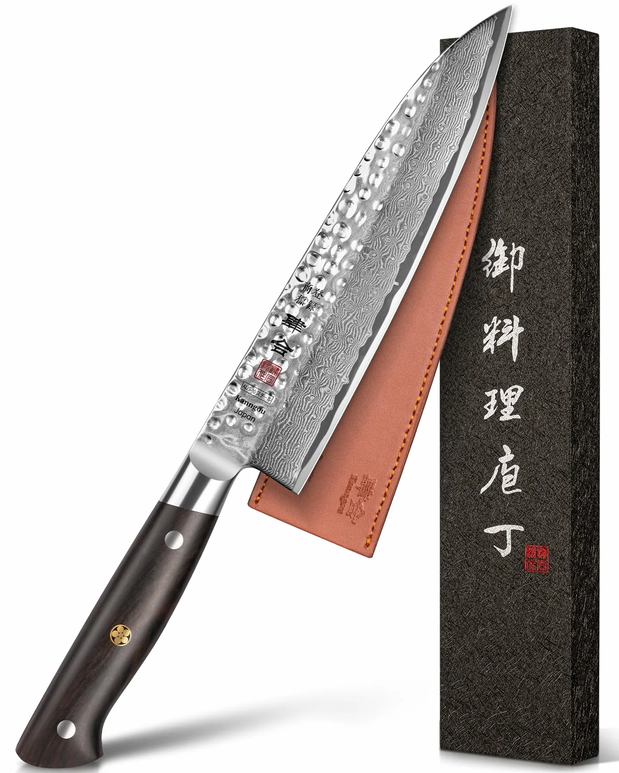 Kanngou Coltello Giapponese Damas 21 cm Coltello Gyuto in Acciaio Damasco 67 Strati, Manico in Legno di Ebano Piena Seta, Coltello da Cucina Professionale con Cofanetto Regalo Premium