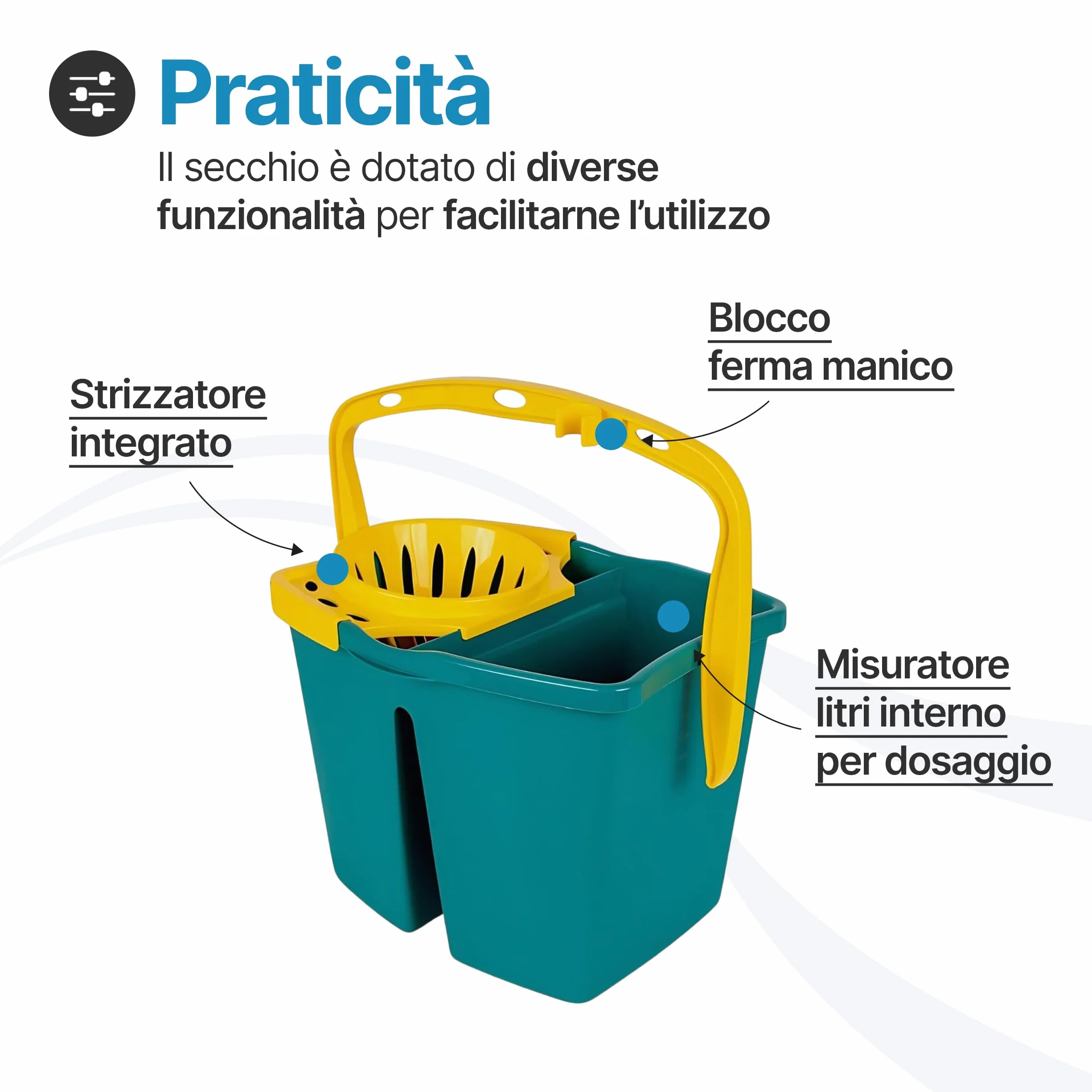 Tomaino - Secchio Lavapavimenti Doppia Vasca in Plastica - Mocio Lavapavimenti 7 litri con Strizzatore - 2 Vasche per Acqua Pulita e Sporca - Secchio Mocio Professionale e Casalingo