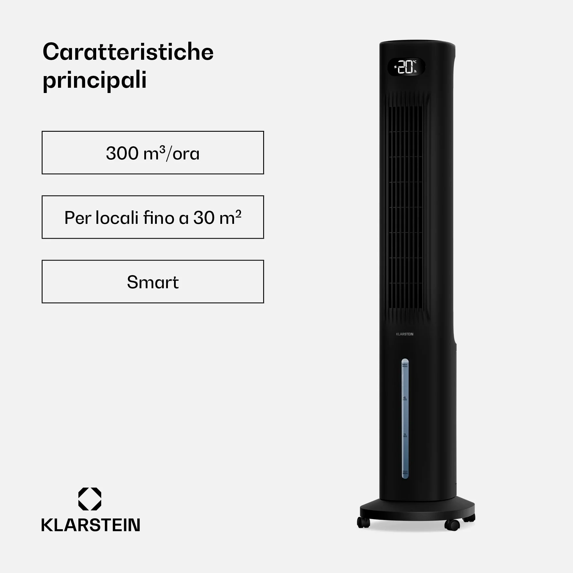 KLARSTEIN Raffrescatore Evaporativo, 5L Serbatoio, 300 m³/h, Timer 24h, Telecomando, App, Raffrescatore Portatile per Casa & Camera da Letto, Black