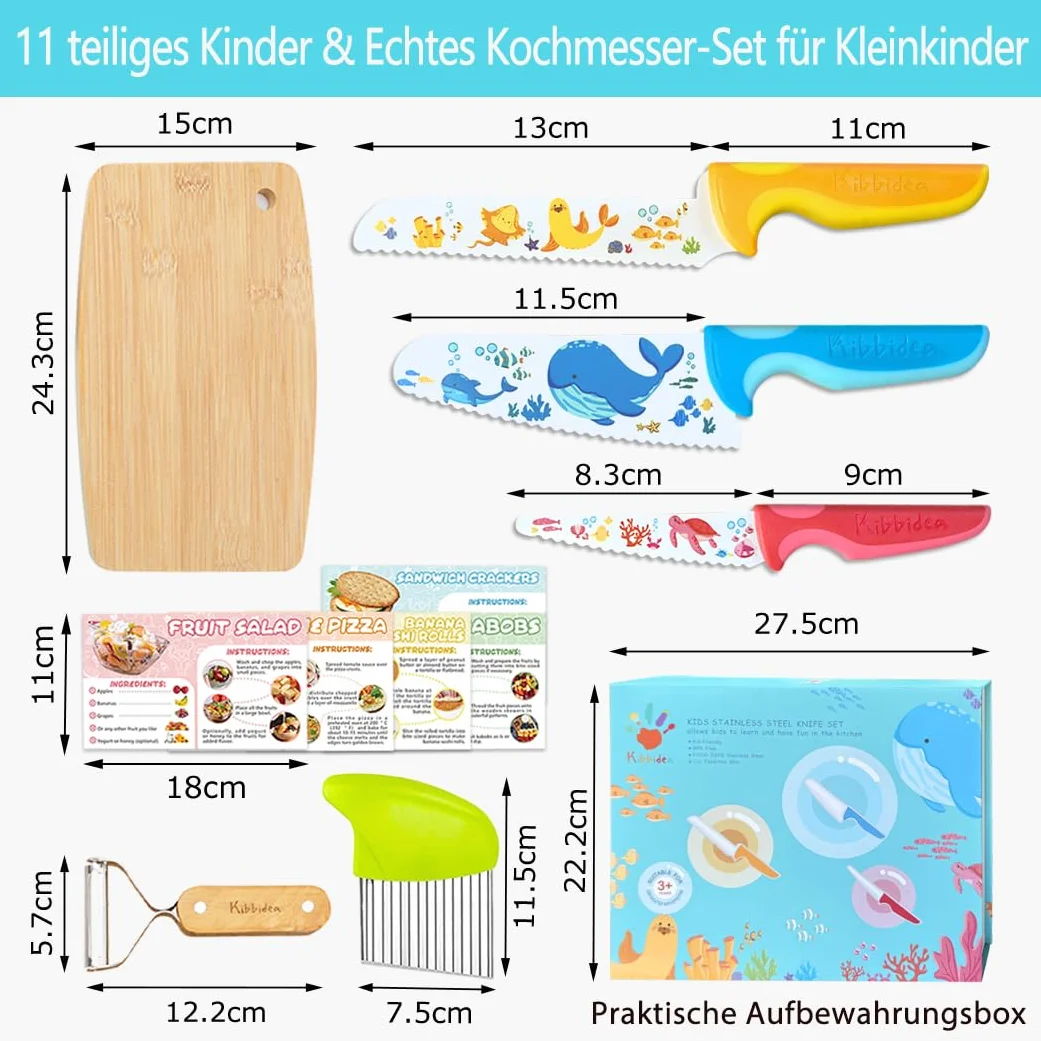 Kibbidea Coltello da cucina per bambini, 12 pezzi, in acciaio inox, per tagliare frutta o verdura, con pelapatate, coltello per bambini dai 3 anni in su