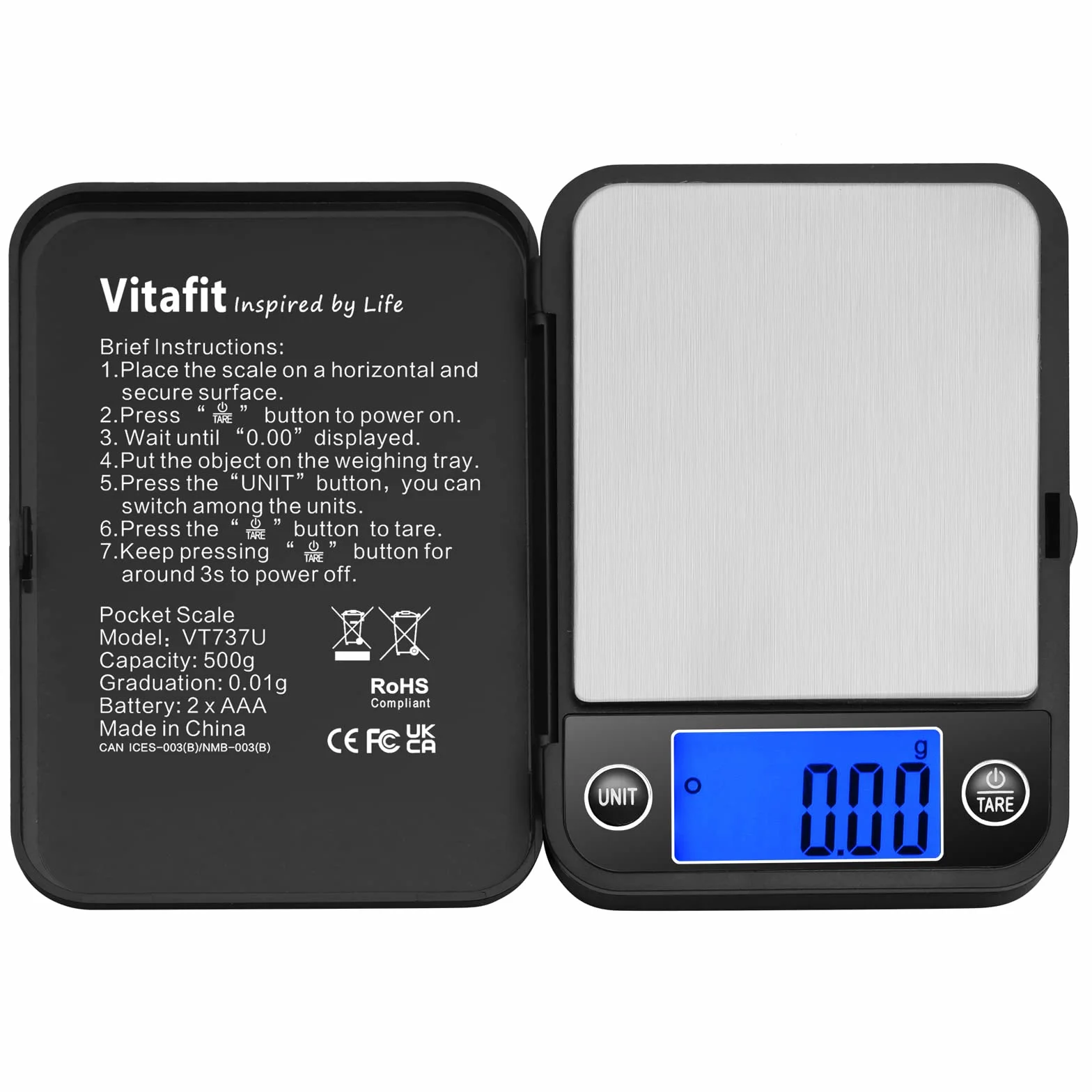 Vitafit Tascabile Digitale 500g/0,01g con Tara e Calibrazione Alimenti Pesa Bilance, Mini Bilancia di Precisione Digitale per Cucina Gioielli Oro Bilancia, 11x8.2cm, Nera