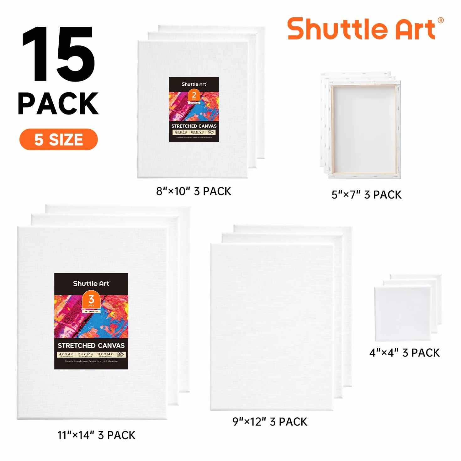 Tela per Dipingere di Shuttle Art, 15 Varie Misure,10x10, 12x17, 20x25, 23x30, 28x35 cm (3 pz Ciascuno),100% Cotone Cartone Telato Bianco per Bambini Adulti per Pittura Ad Olio Acrilico