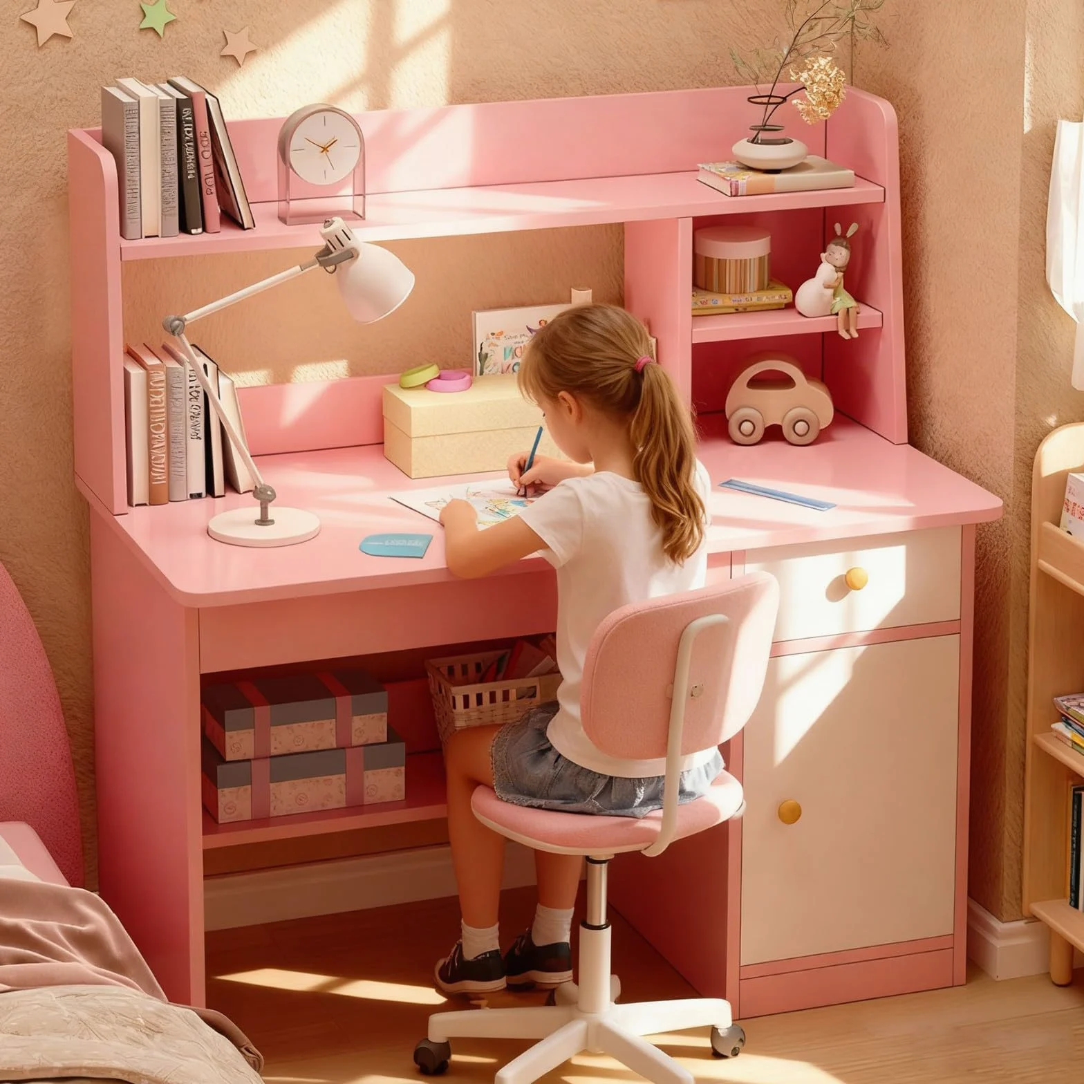 Scrivania per Bambini con Ripiani Armadietto Cassetto Età 3-8 Anni Tavolo Banco Scuola Scrivania Computer per Cameretta, Sala Studio D1