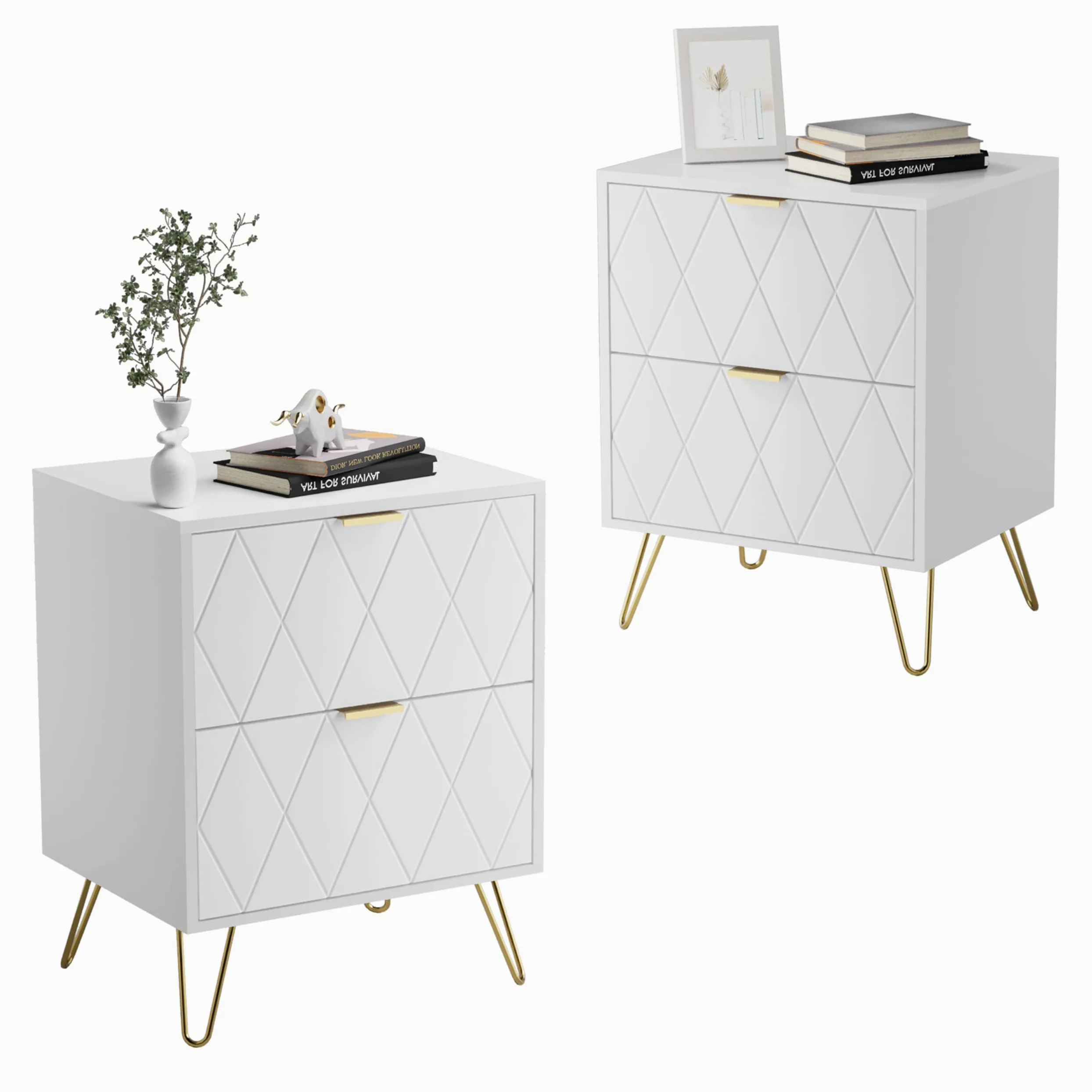 UEV Comodino Bianco Set di 2, Tavolini con 2 Cassetti in Legno ingegnerizzato Robusto, Comodino Piccolo Moderno con Maniglie e Gambe in Oro Cromato per Camera da Lett, 40 x 30 x 52 cm, Bianco