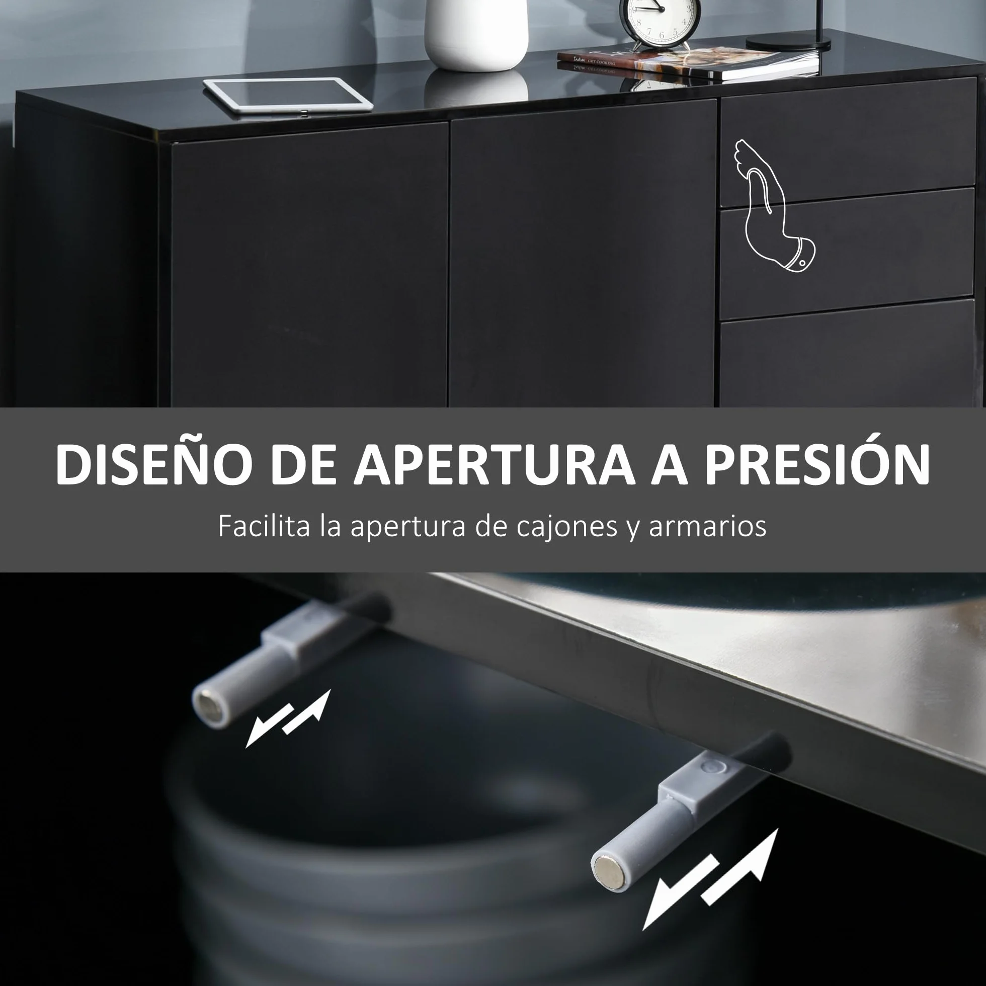 HOMCOM Mobiletto Multiuso Nero con 2 Cassetti e 2 Armadietti ad Apertura a Pressione, 117x36x74cm