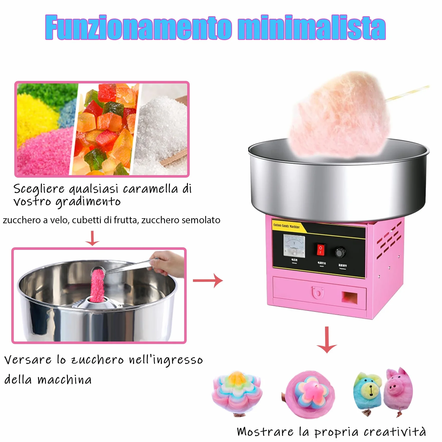 Macchina Commerciale Dello Zucchero Filato 1200W, Macchina Automatica per Zucchero Filato, Temperatura Regolabile con Ciotola in Acciaio Inossidabile per Bambini, Casa, Compleanno, Feste