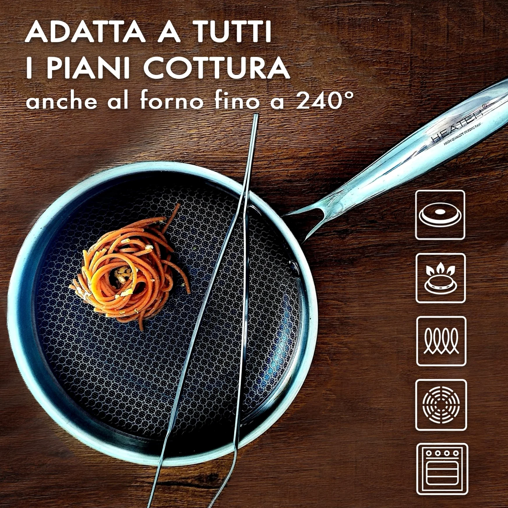 Set di 3 Padelle + Wok | Padella Antiaderente in Acciaio Inox Triplo Strato con Coperchio in Vetro | Antiaderente e Antigraffio | Adatta a tutti i Piani Cottura (HEATEK SET)