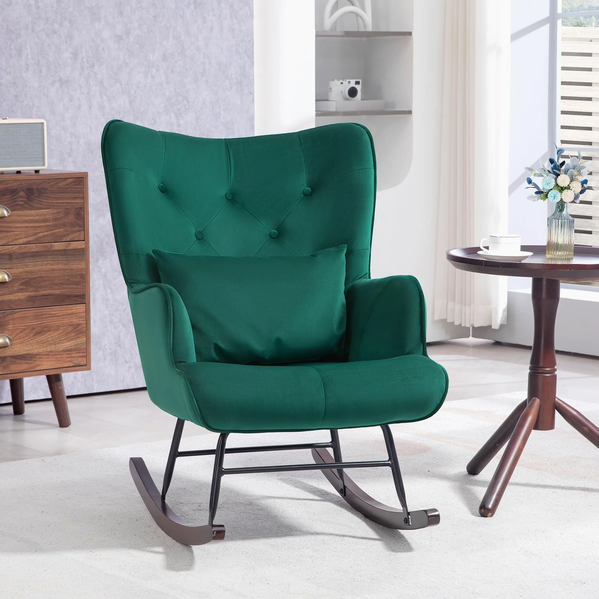HOMCOM Poltrona a Dondolo in Velluto con Schienale Alto, Sedia a Dondolo con Cuscino e Braccioli per Salotto e Camera da Letto, Verde