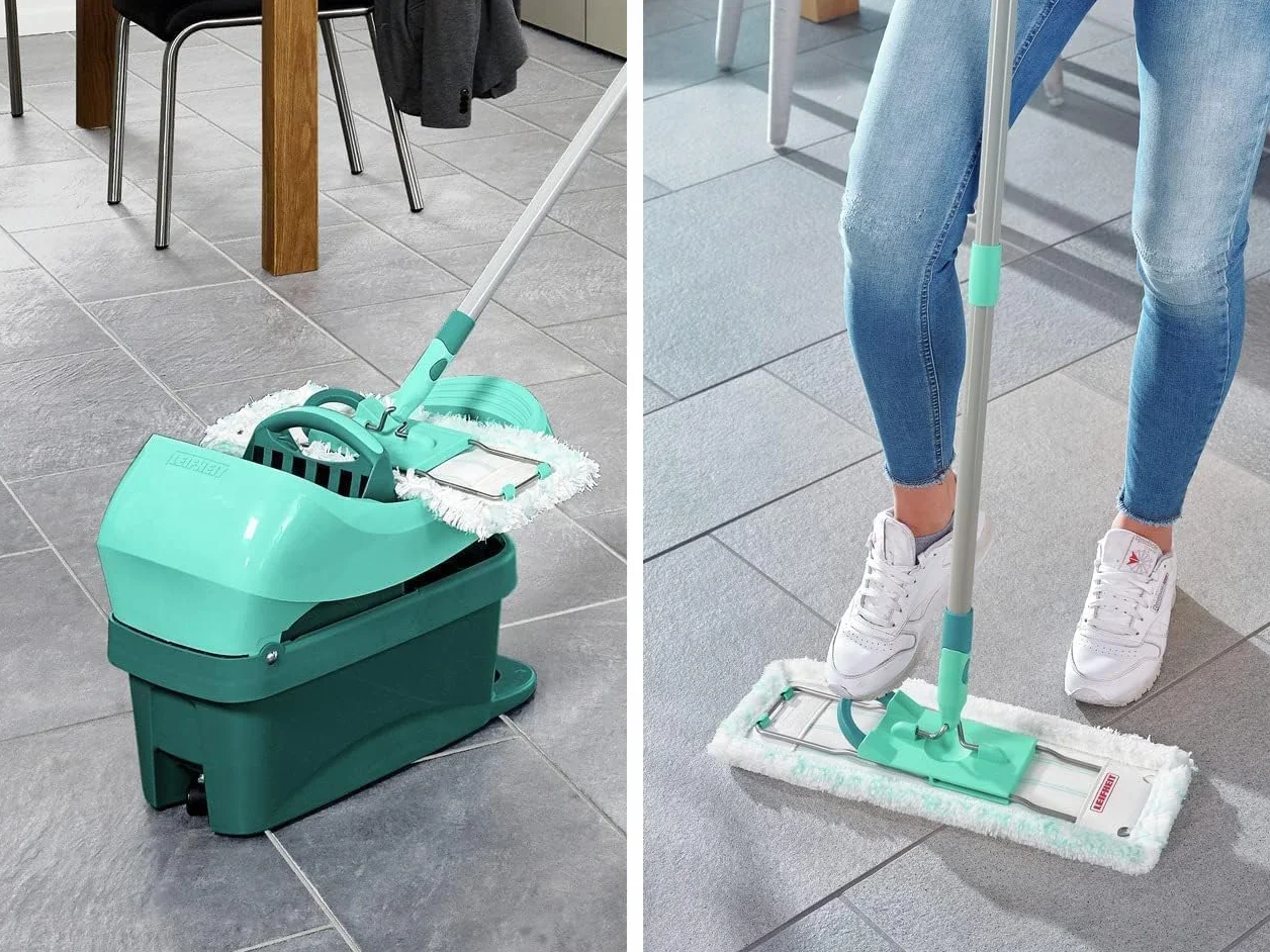 Leifheit Pressa Profi XL Set lavapavimenti, Mop lavapavimenti con strizzatore incorporato, Mop set con rotazione scopa a 360° e secchio con rotelle