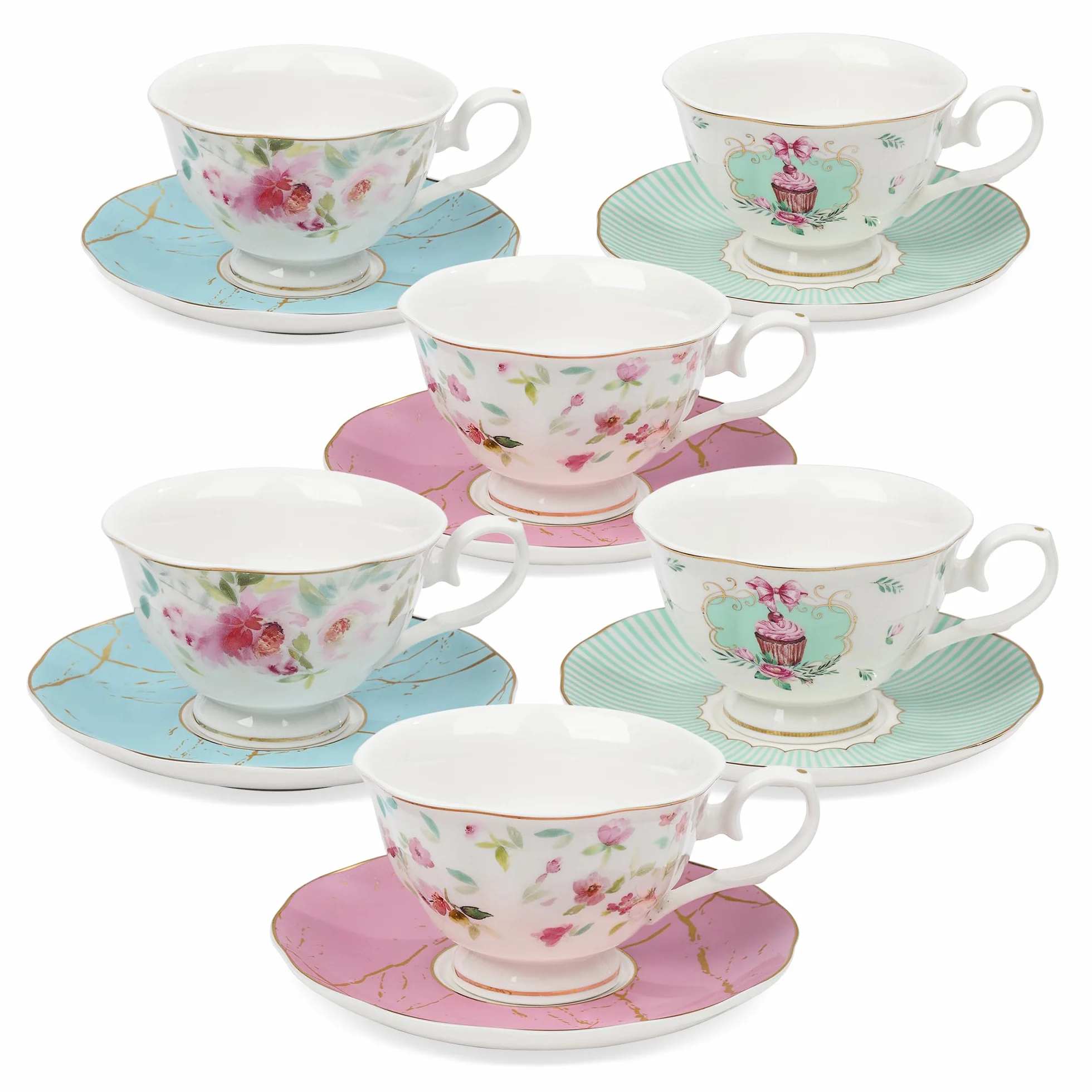Fanquare Zestaw 6 Filizanek i Spodków Różowy, Serwis do Herbaty Porcelanowy w Kwiaty