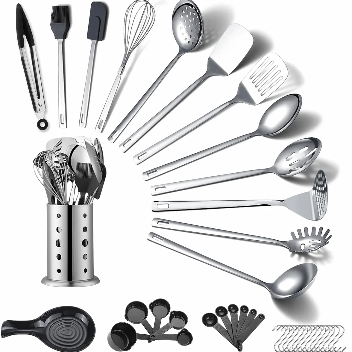 Set di utensili da cucina in acciaio inossidabile 40 pezzi con portautensili, gadget da cucina, set di spatole in metallo