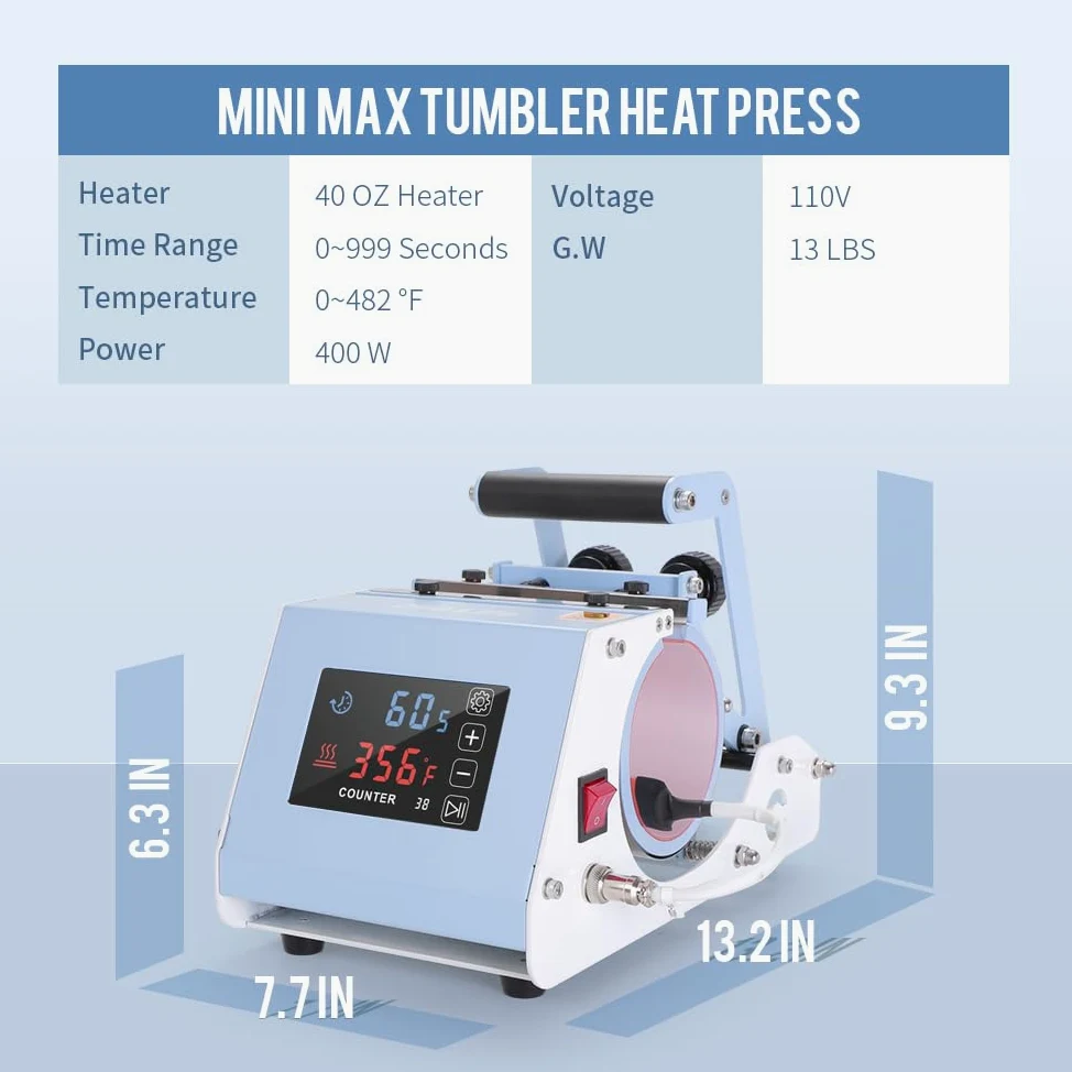 PYD Life 110 V Mini Max 40 OZ Macchina per Termopressa da 1,2 L Mug Heat Press a Schermo Tattile in Blu Chiaro per Tazze da 1,2 L con Manico Stampa a Sublimazione