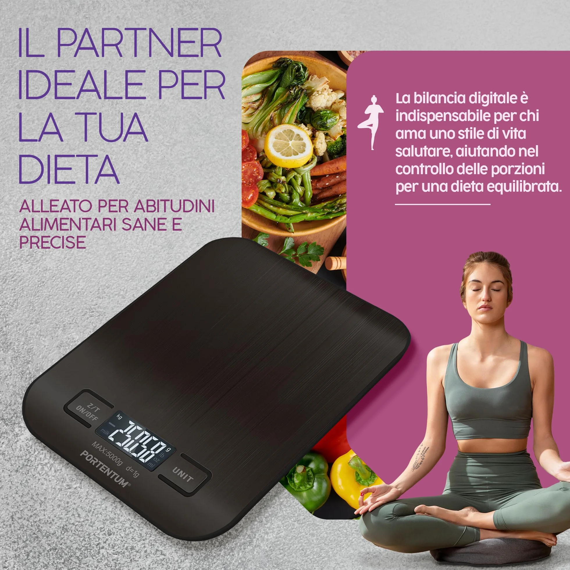 PORTENTUM Bilancia da Cucina Acciaio Inossidabile 5 kg LCD, Nero