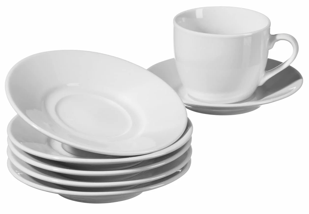 Aro Set piatti per tazze da caffè, 6 pezzi, porcellana, Ø 12,6 cm, 150 ml, bianchi, piattini impilabili, lavabili in lavastoviglie e microonde