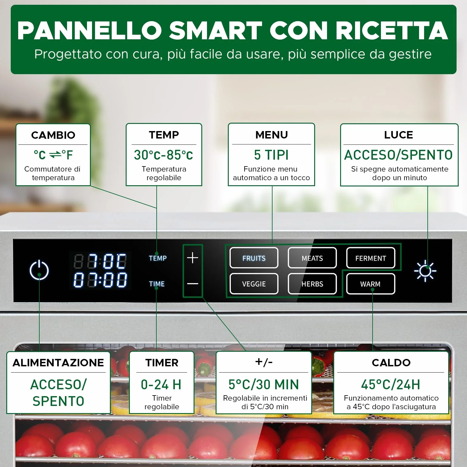 Kwasyo Essiccatore Alimentare professionale in Acciaio Inossidabile 12 Vassoi, 6 Funzioni Preimpostate, Essiccatore 800W, 6 Tappetini in Silicone, 2 Barattoli, 2 Vassoi per Rotoli di Frutta Inclusa