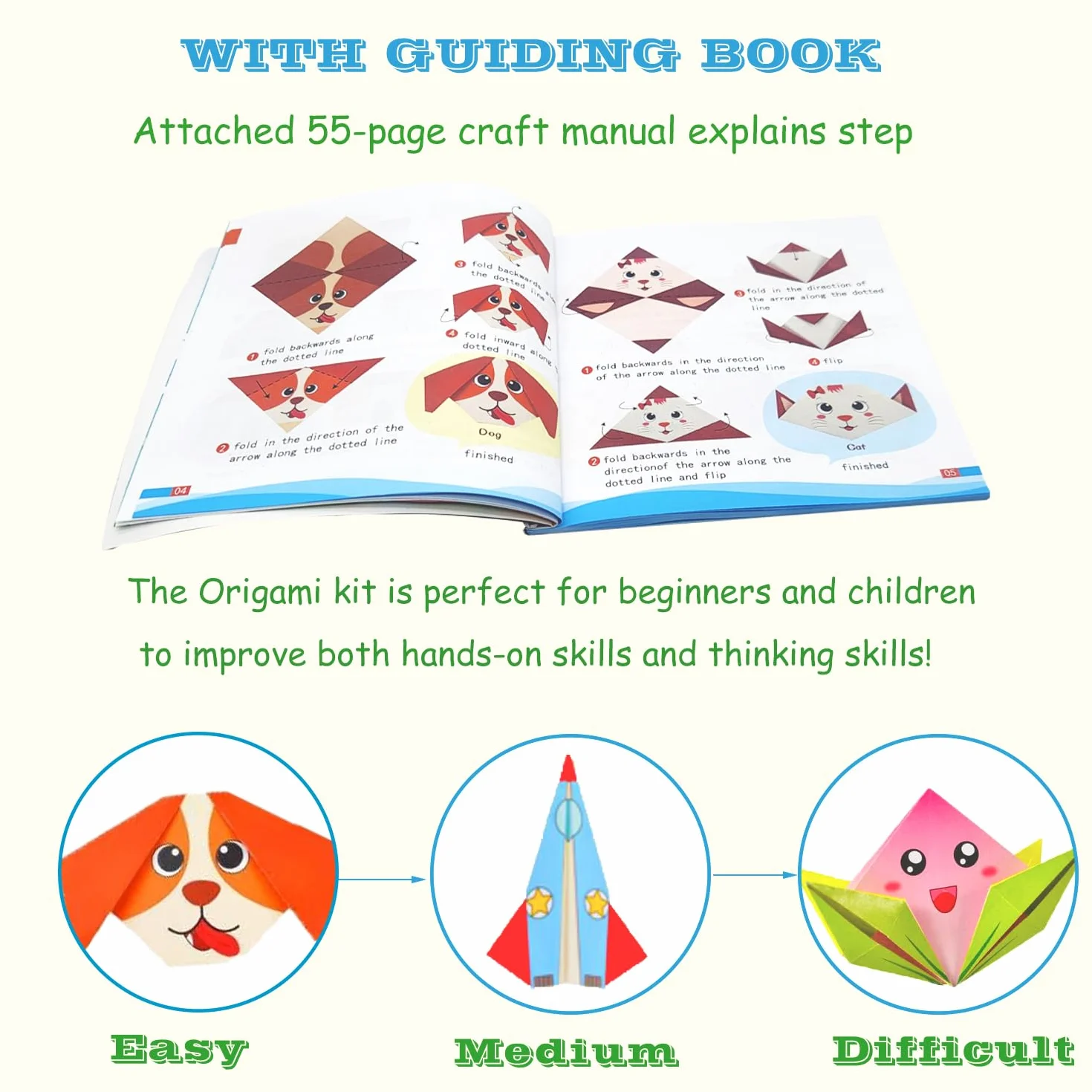 Kit origami 208 fogli 54 motivi 15x15 cm istruzioni libro bambini regalo