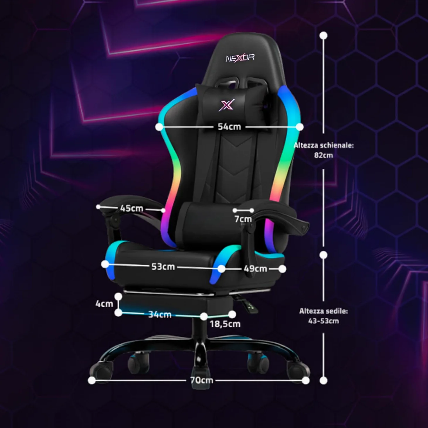 Wintem – – Sedia Gaming con Poggiapiedi Estraibile, Doppio Cuscino e Luci LED RGB USB per Comfort Totale e Design Futuristico Ideale per Gioco, Studio e Ufficio