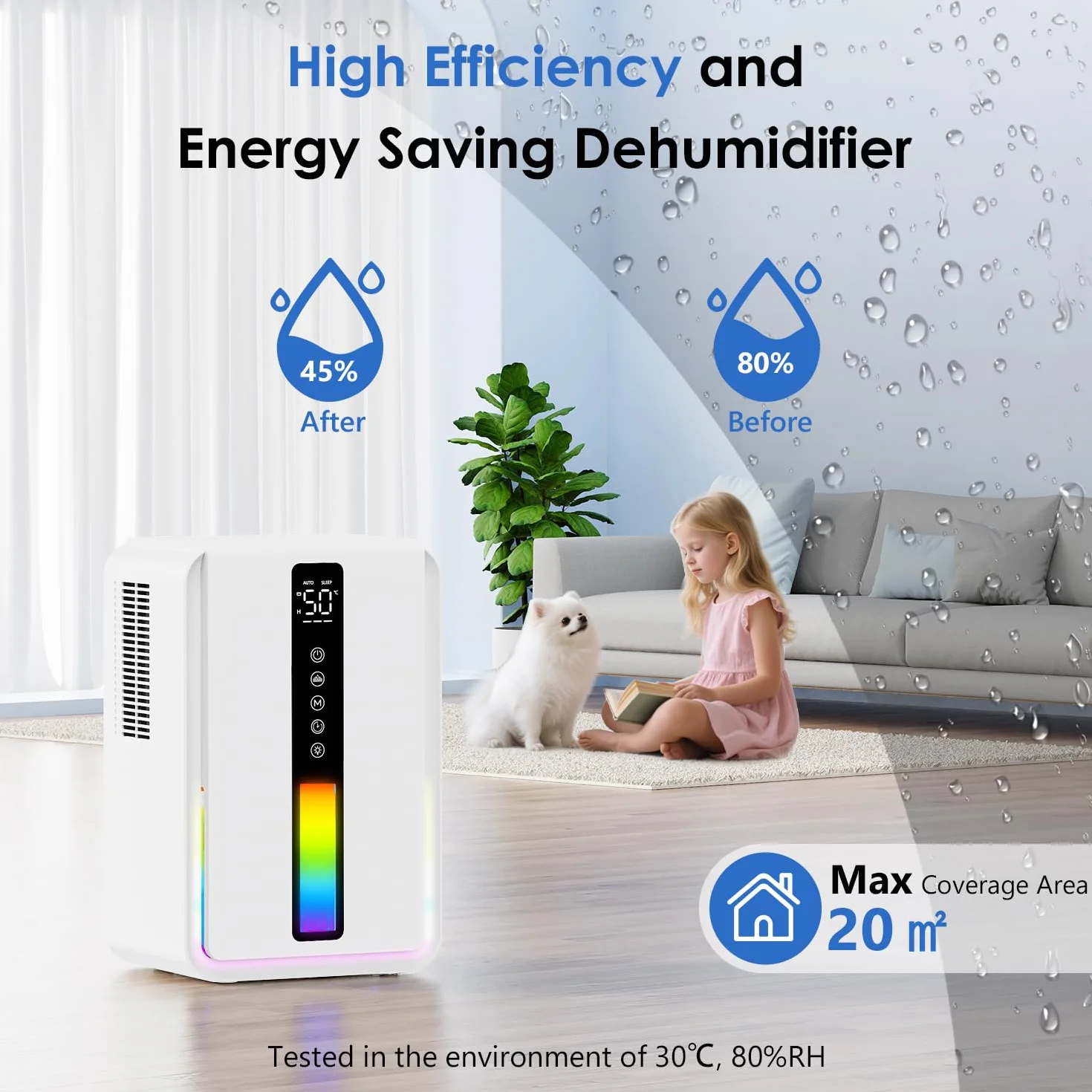 Deumidificatore Casa con 2500ml, Deumidificatore Casa Muffa con Modalità Sospensione e Timer 6-48 Ore, Controllo Umidità Automatico (≥50% RH),7 Luci RGB, Protezione da Overflow, Defrost Automatico