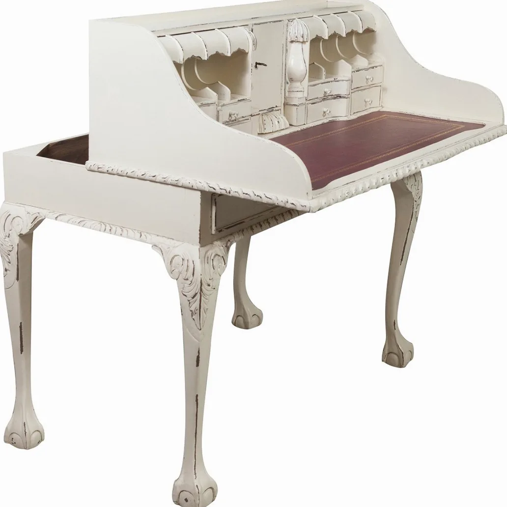 Biscottini Scrittoio Vintage 105x64x103 cm - Scrivania Vintage in Legno Massello con Scomparti e Cassetti - Scrivania Classica Bianca