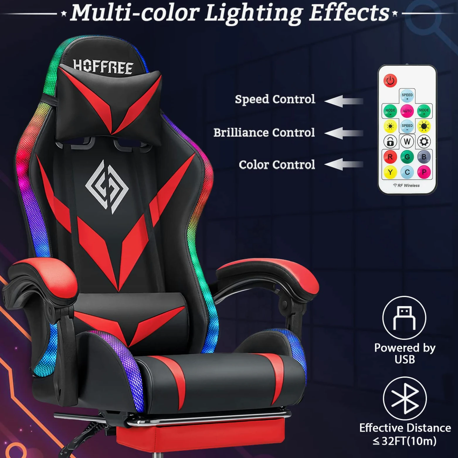 Sedia da gioco con altoparlanti e luce LED, sedia ergonomica per computer con massaggio e poggiapiedi, sedia reclinabile per videogiochi per adulti, supporto regolabile in vita, rosso e nero