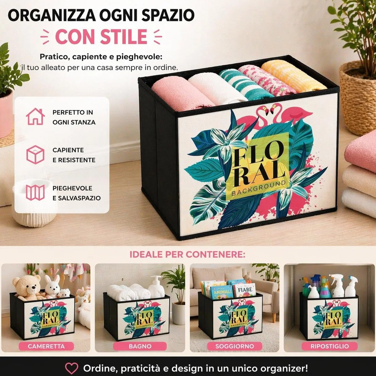 Organizer Pieghevole in Tessuto Per Armadi - Scatola Portaoggetti con o Senza Coperchio - Contenitore Salvaspazio per Vestiti, Giochi, Biancheria (FENICOTTERI SENZA COPERCHIO - NERO - 31CM)