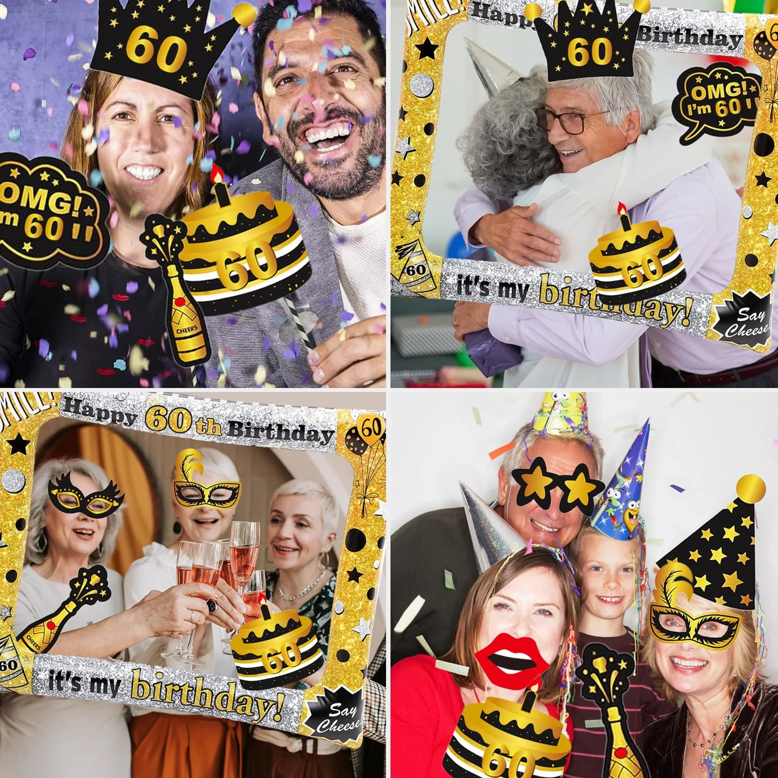 31 Pezzi Photo Booth Compleanno Accessori Carta Foto Frame Cornice Baffi Occhiali Cappelli Puntelli Fotografia Decorazione per Festa Compleanno Gadget 60 Anni Fai da Te